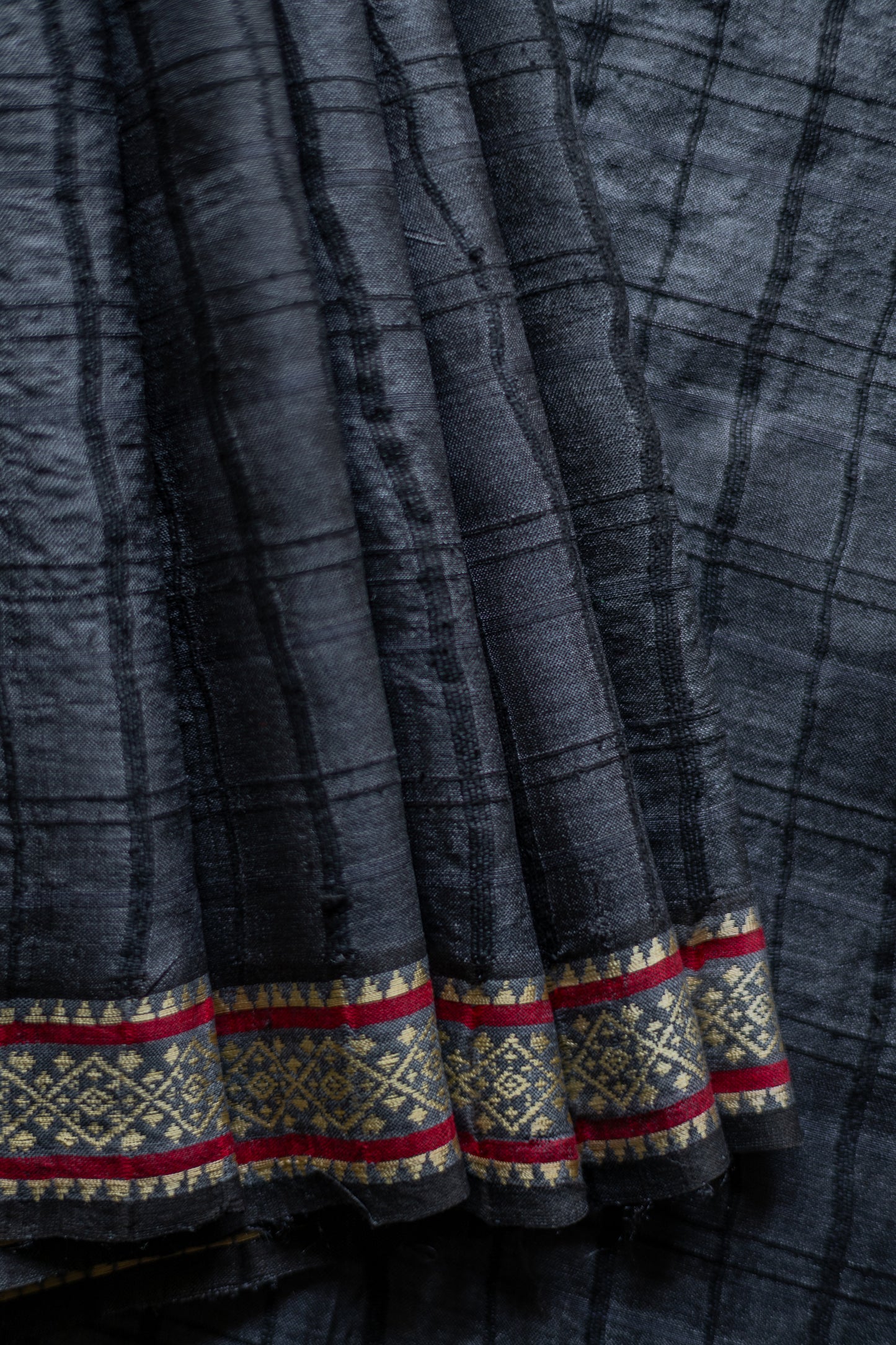 Black Tussar Silk with All Over Checks and Thin Border Saree
