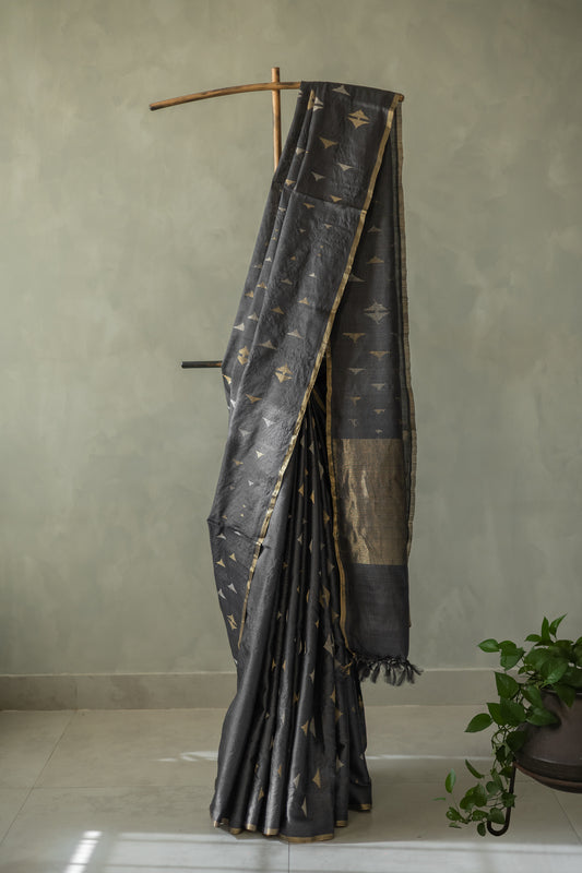 Black Tussar Silk With Triangle Zari Motif Saree