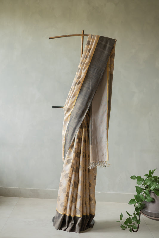 Beige Tussar Silk Cotton with Black Mango Motif Saree
