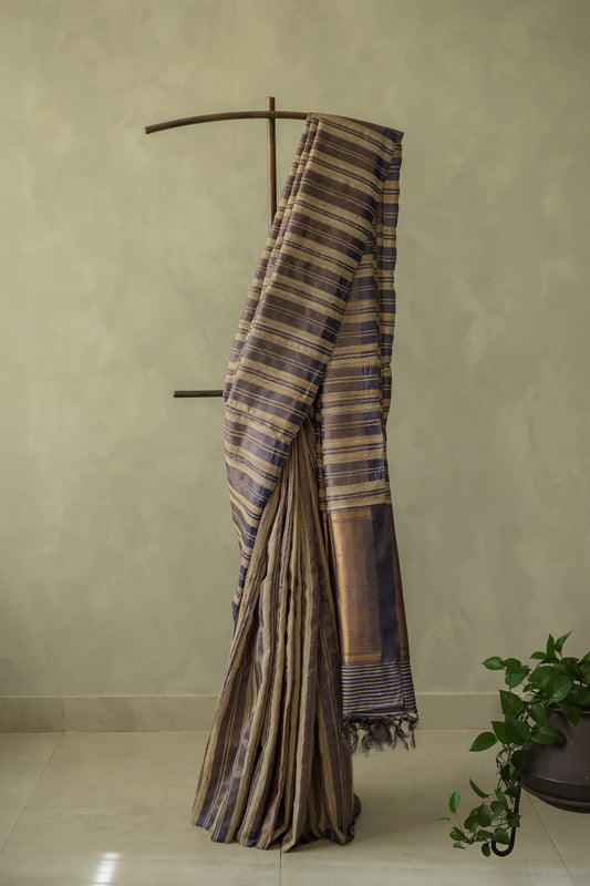 Dark Blue Tussar with All Over Stripes Saree