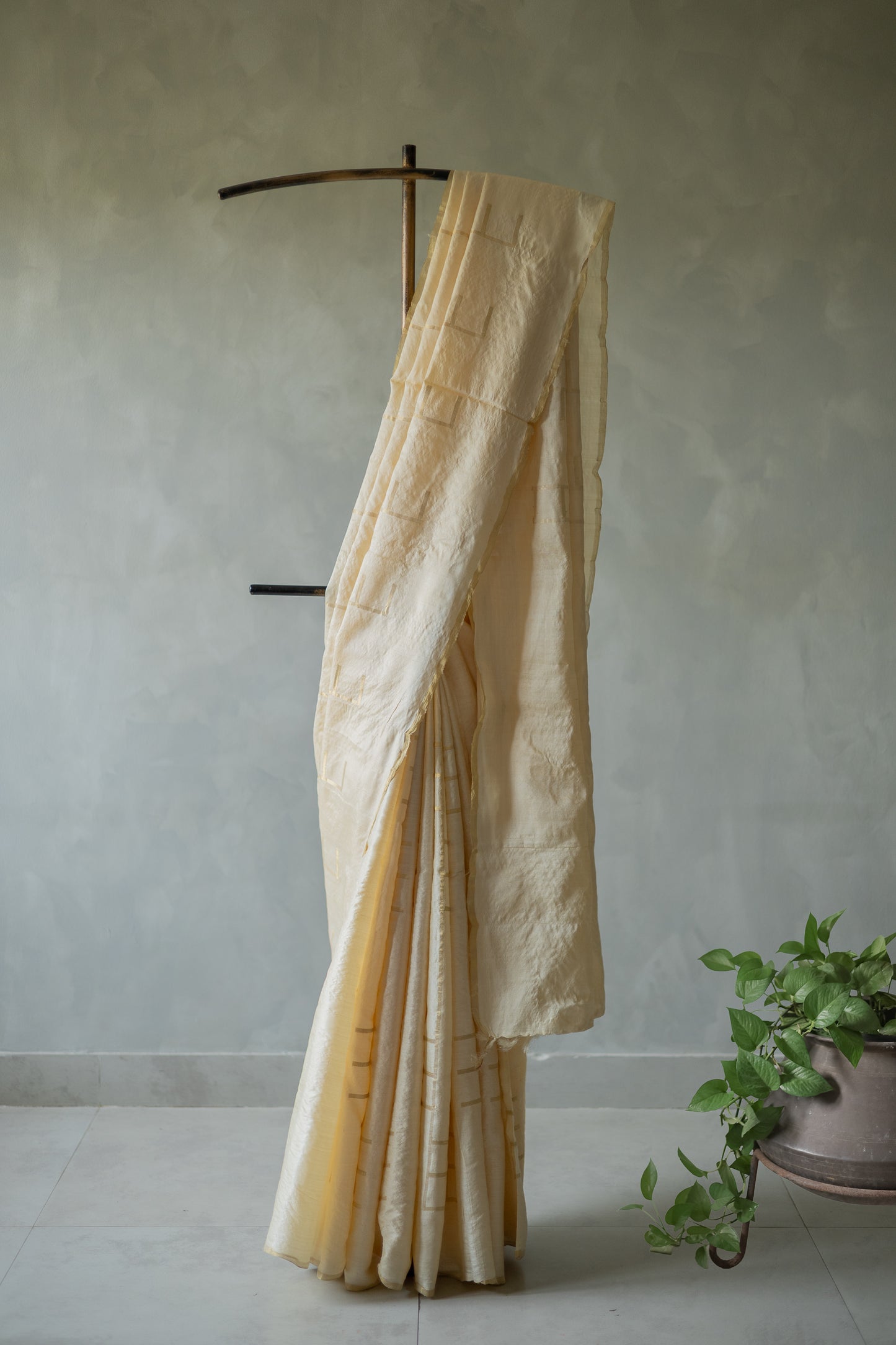 Off White Tussar with Gold Zari and an All-Over Geometric Design Saree