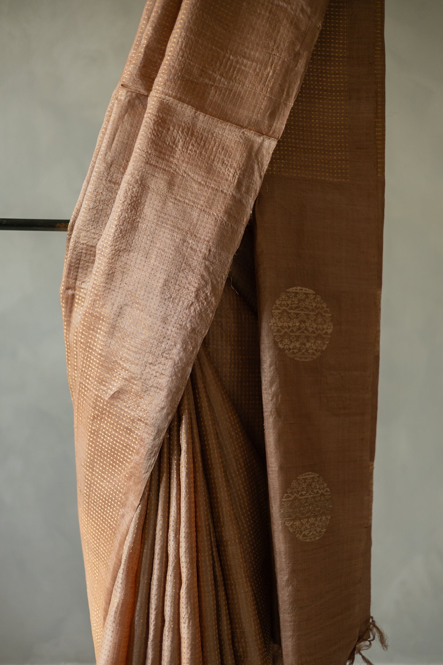 Brown Tussar with All Over Gold Zari and Round Motif Pallu Saree
