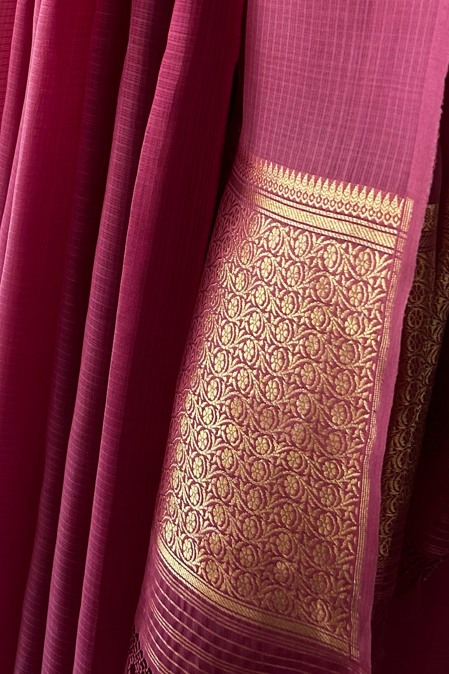 Raspberry Pink Banaras Organza Silk with a Subtle Micro Checks (Kota) Saree
