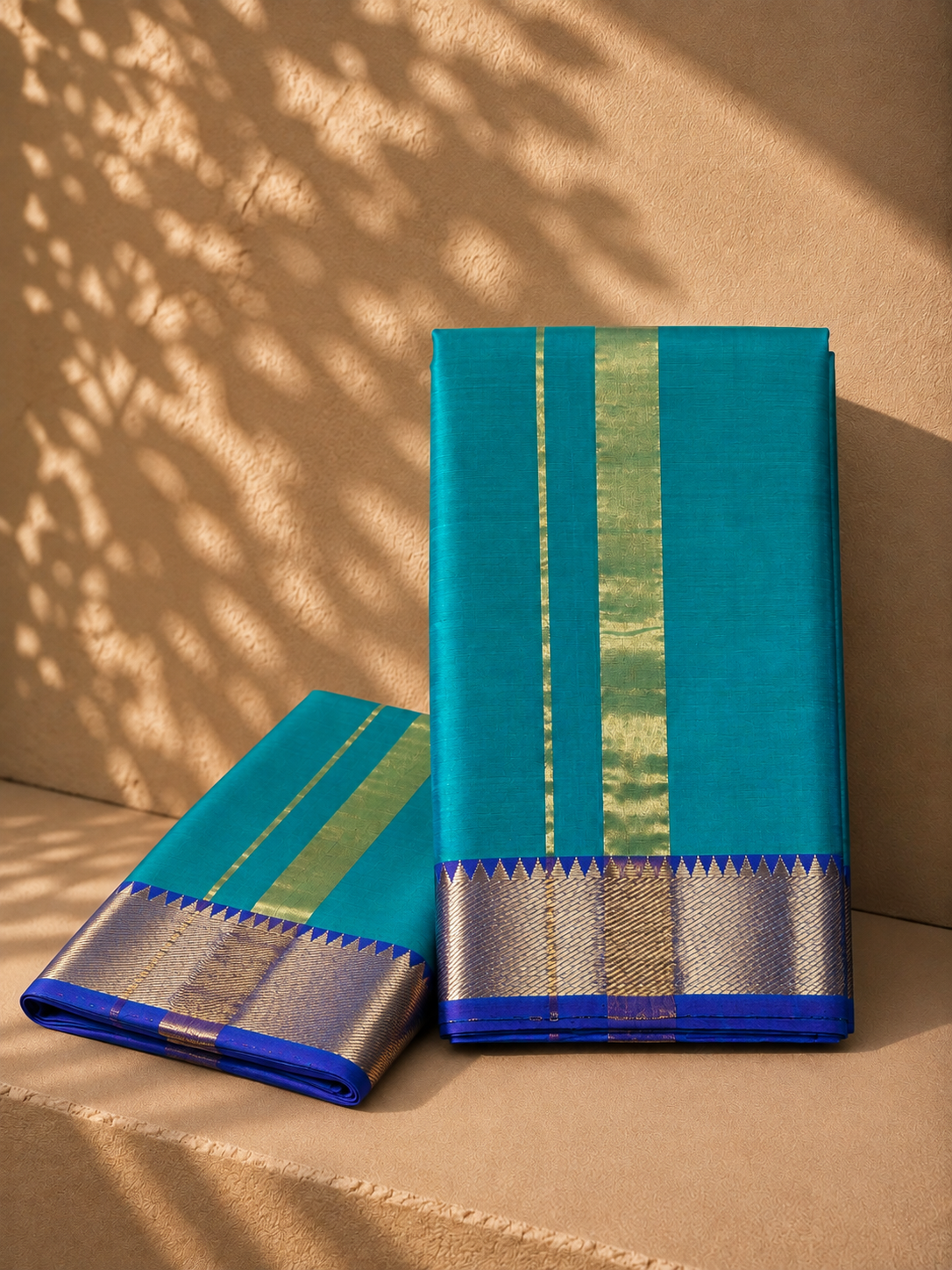 Turquoise Blue Mangalagiri Silk-Cotton Veshti with Deep Indigo  and Gold Temple Border