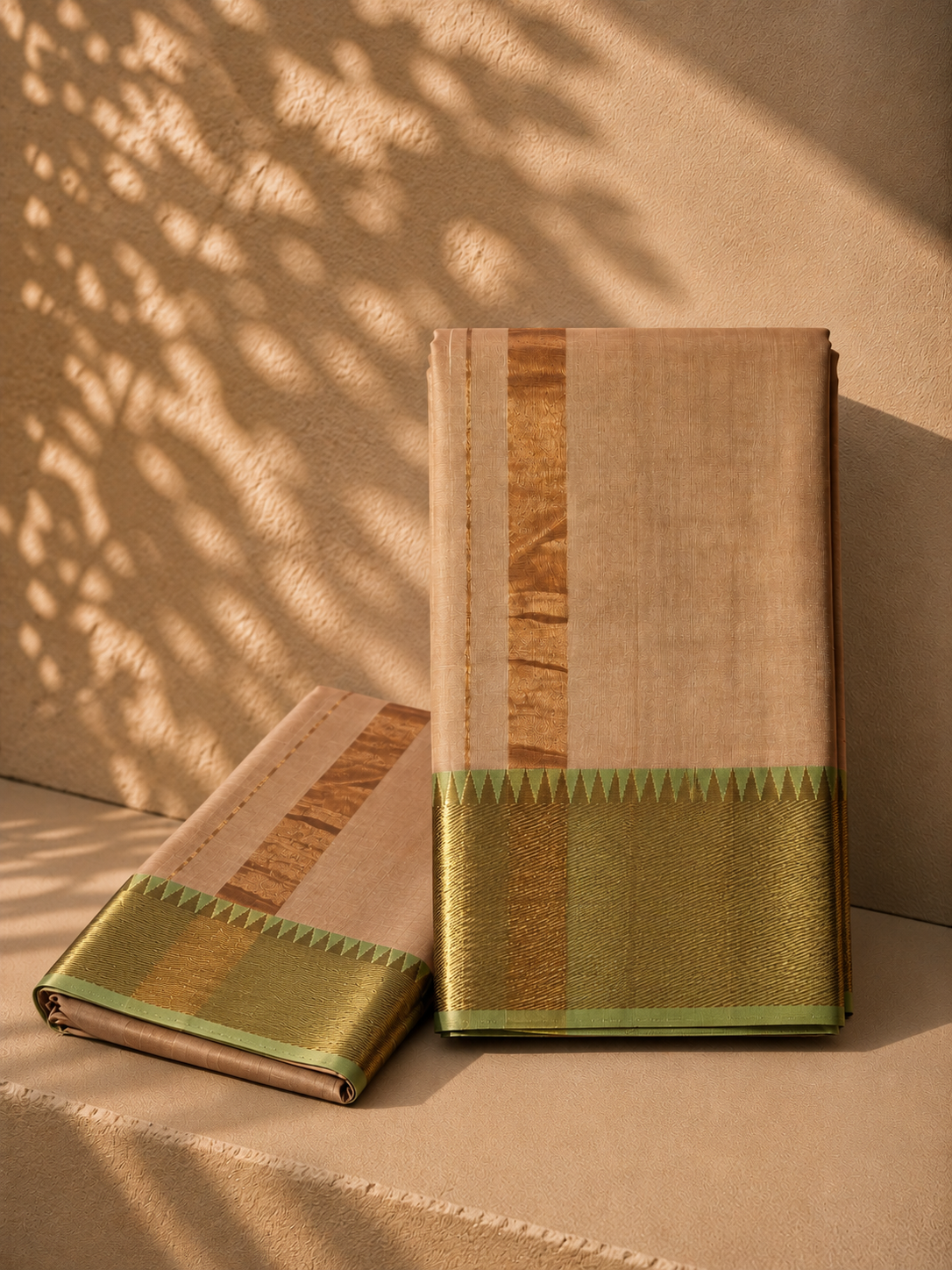 Natural Beige Mangalagiri Silk-Cotton Veshti with Olive Green and Gold Temple Border