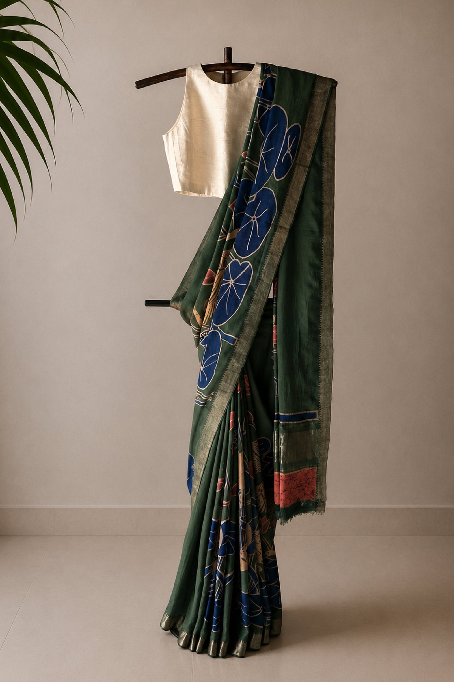 Forest Green Mangalagiri Silk Cotton Saree with Batik Art