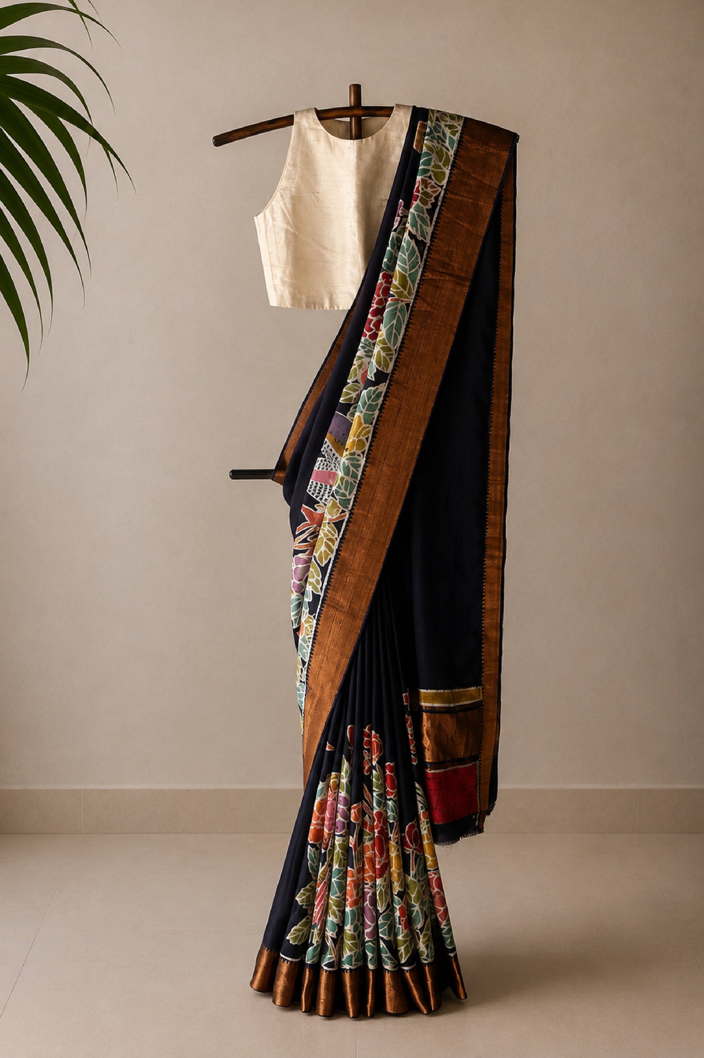 Deep Blue Mangalagiri Silk Cotton Saree with Batik Art