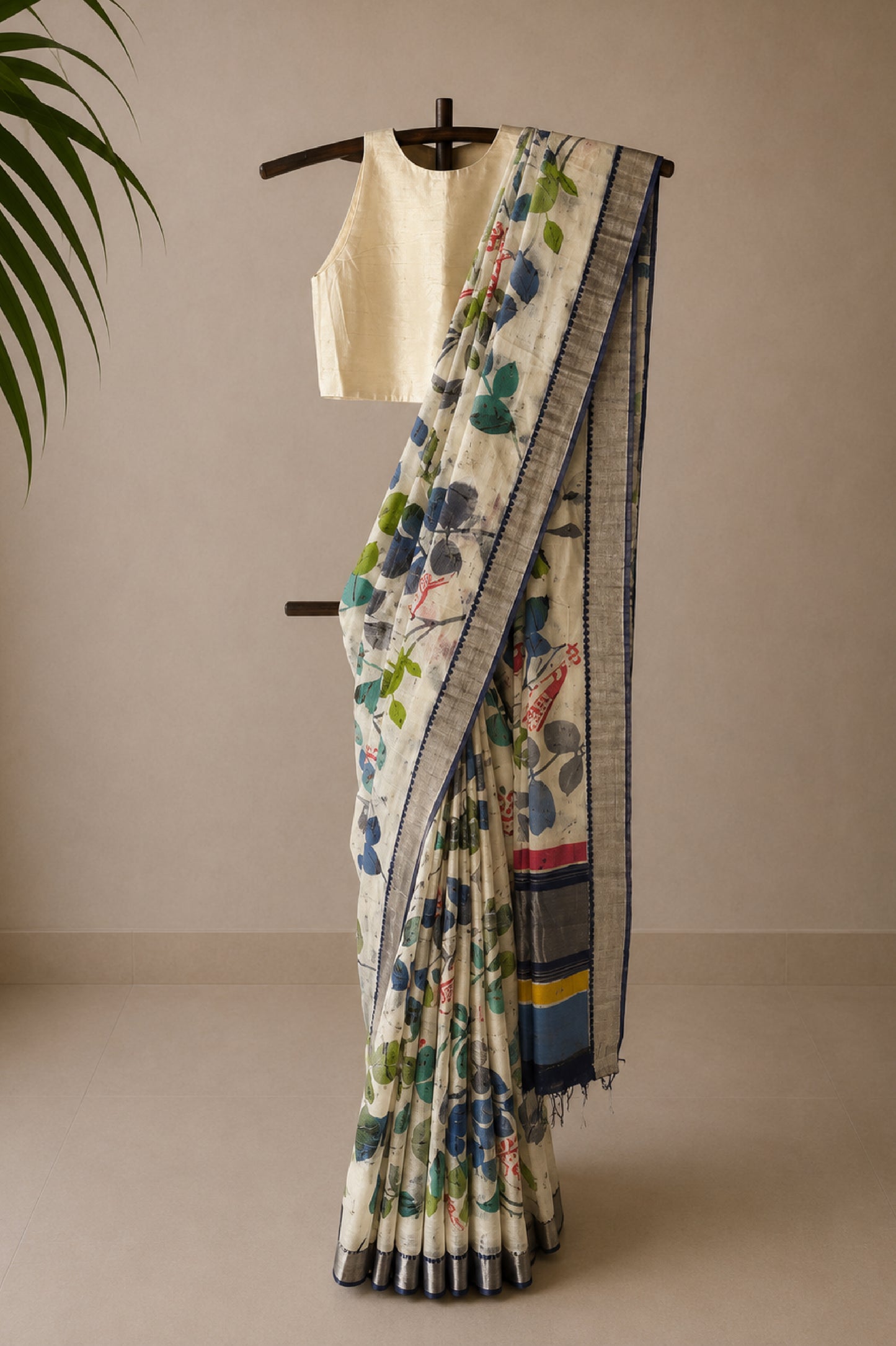 Ivory Mangalagiri Silk Cotton Saree with Batik Art