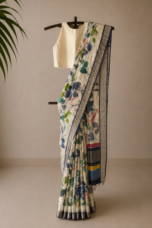 Ivory Mangalagiri Silk Cotton Saree with Batik Art