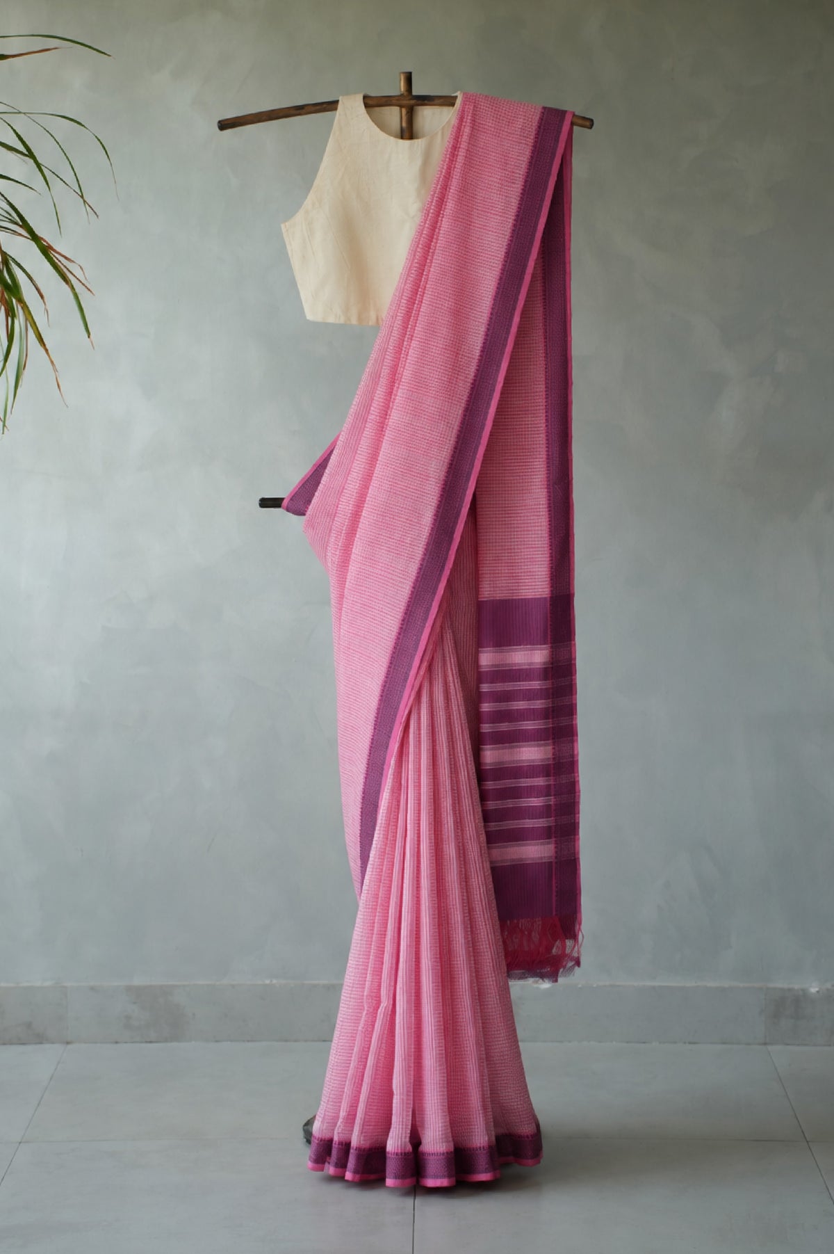 Baby Pink Plain Mangalagiri Cotton with Purple Border Saree