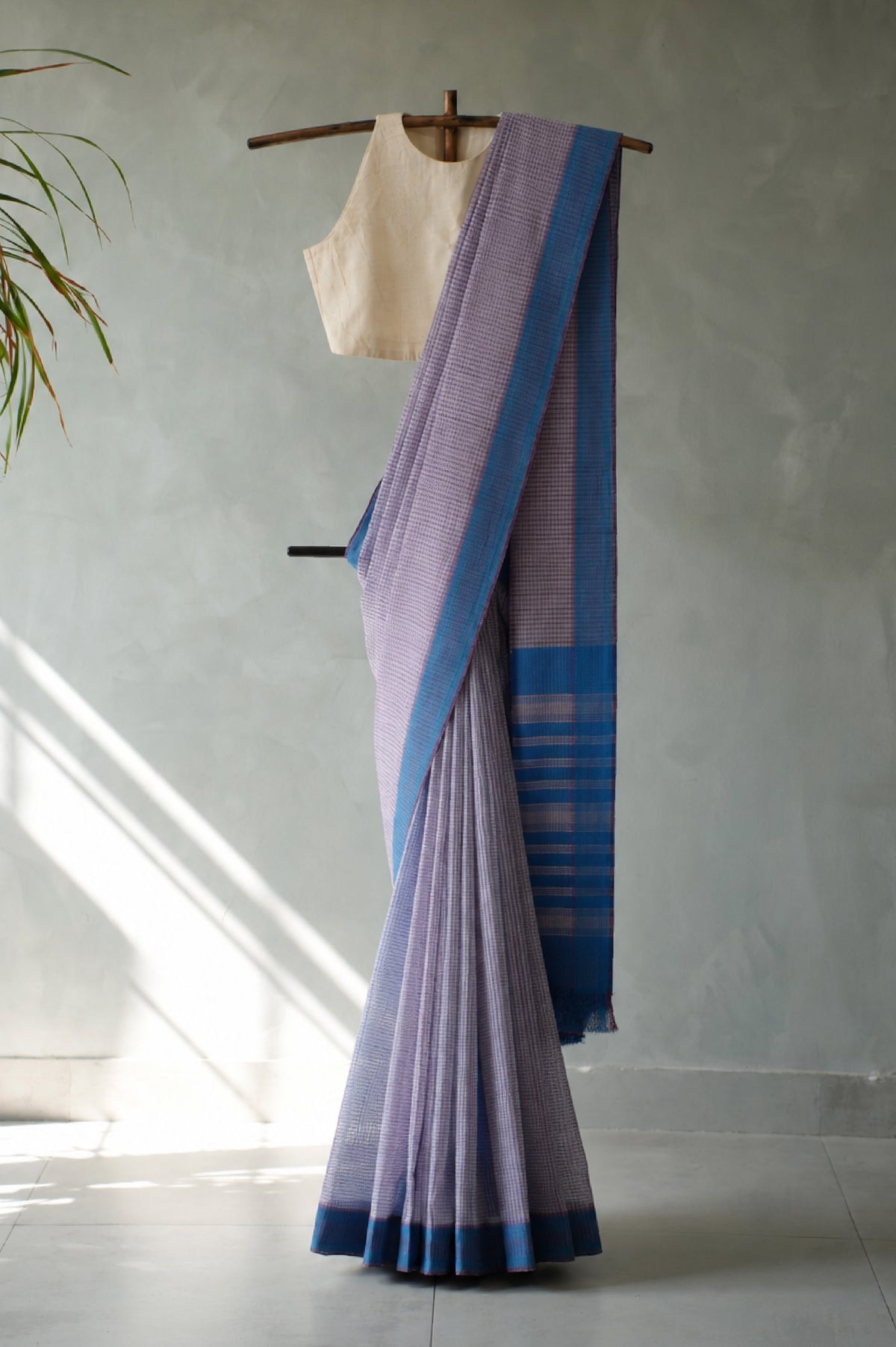 Lilac Plain Mangalagiri Cotton with Blue Border Saree