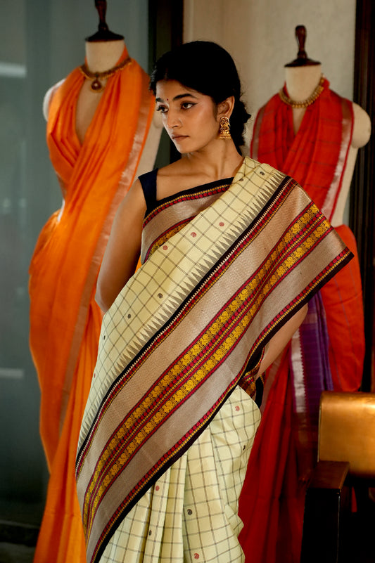 Ivory Cream Kanjivaram Silk Saree with Black, Mustard Yellow and Red Thread Work Border