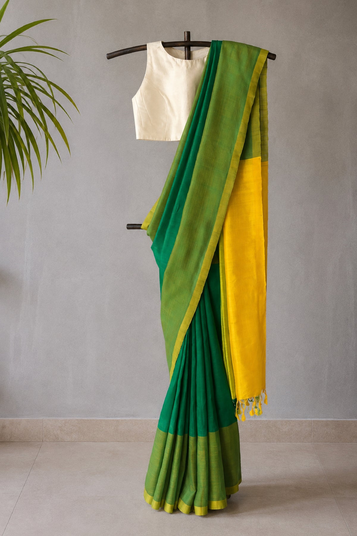 Emerald, Leaf Green & Sunshine Yellow with Contrast Pallu Mangalagiri Silk Cotton Saree