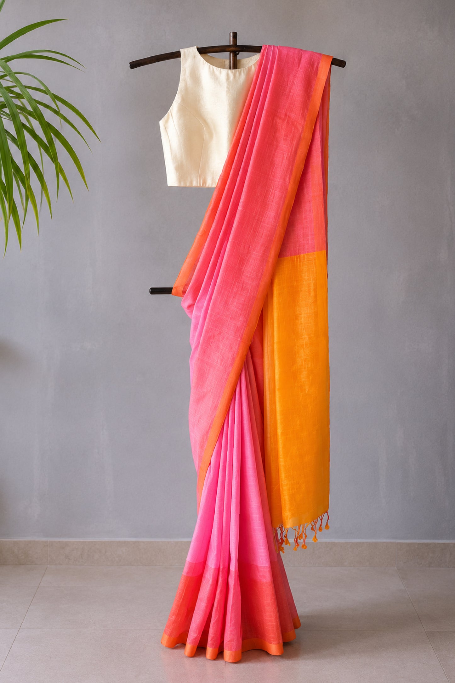 Rose Pink & Marigold Mangalagiri with Contrast Pallu Silk Cotton Saree
