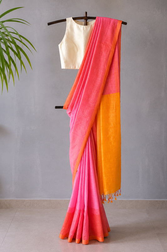 Rose Pink & Marigold Mangalagiri with Contrast Pallu Silk Cotton Saree