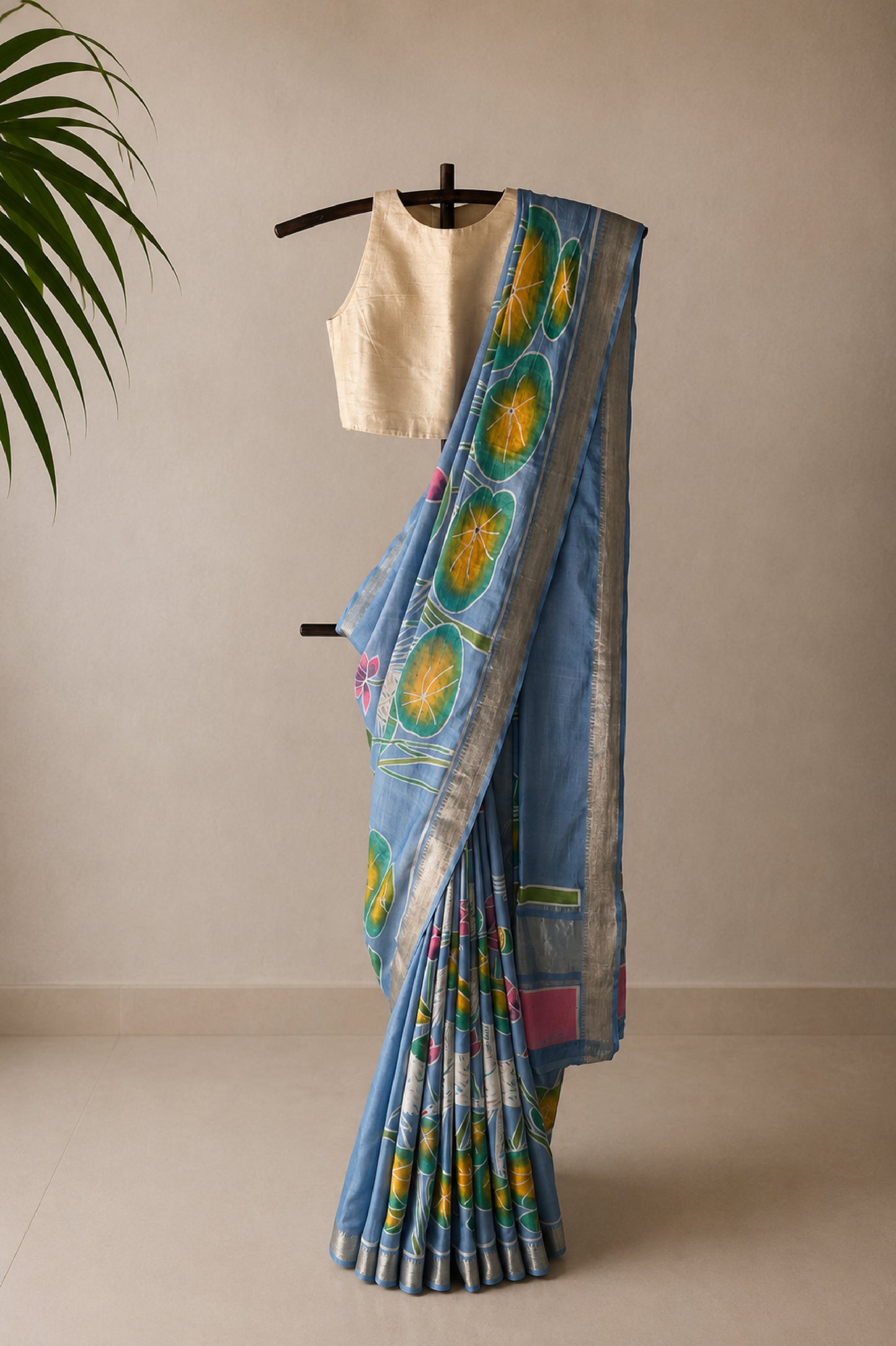 Powder Blue Mangalagiri Silk Cotton Saree with Batik Art