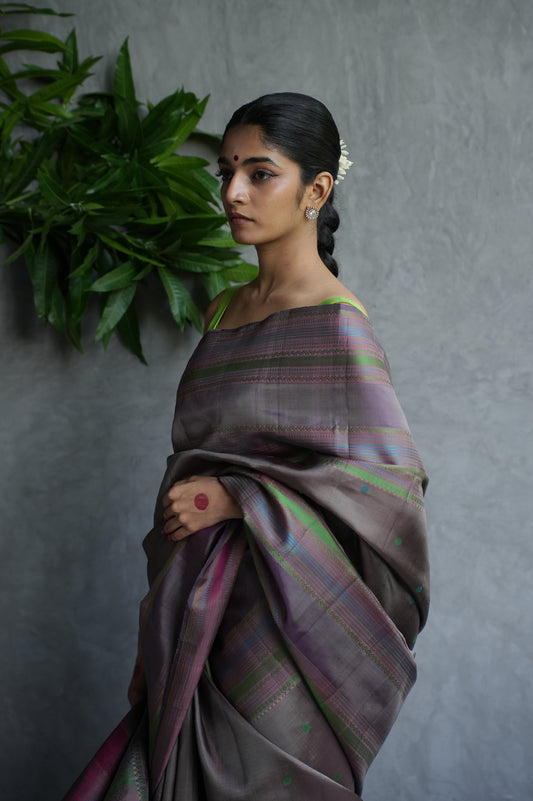 Muted Mauve Grey Kanjivaram Silk Saree with Multicolour Thread Work Border