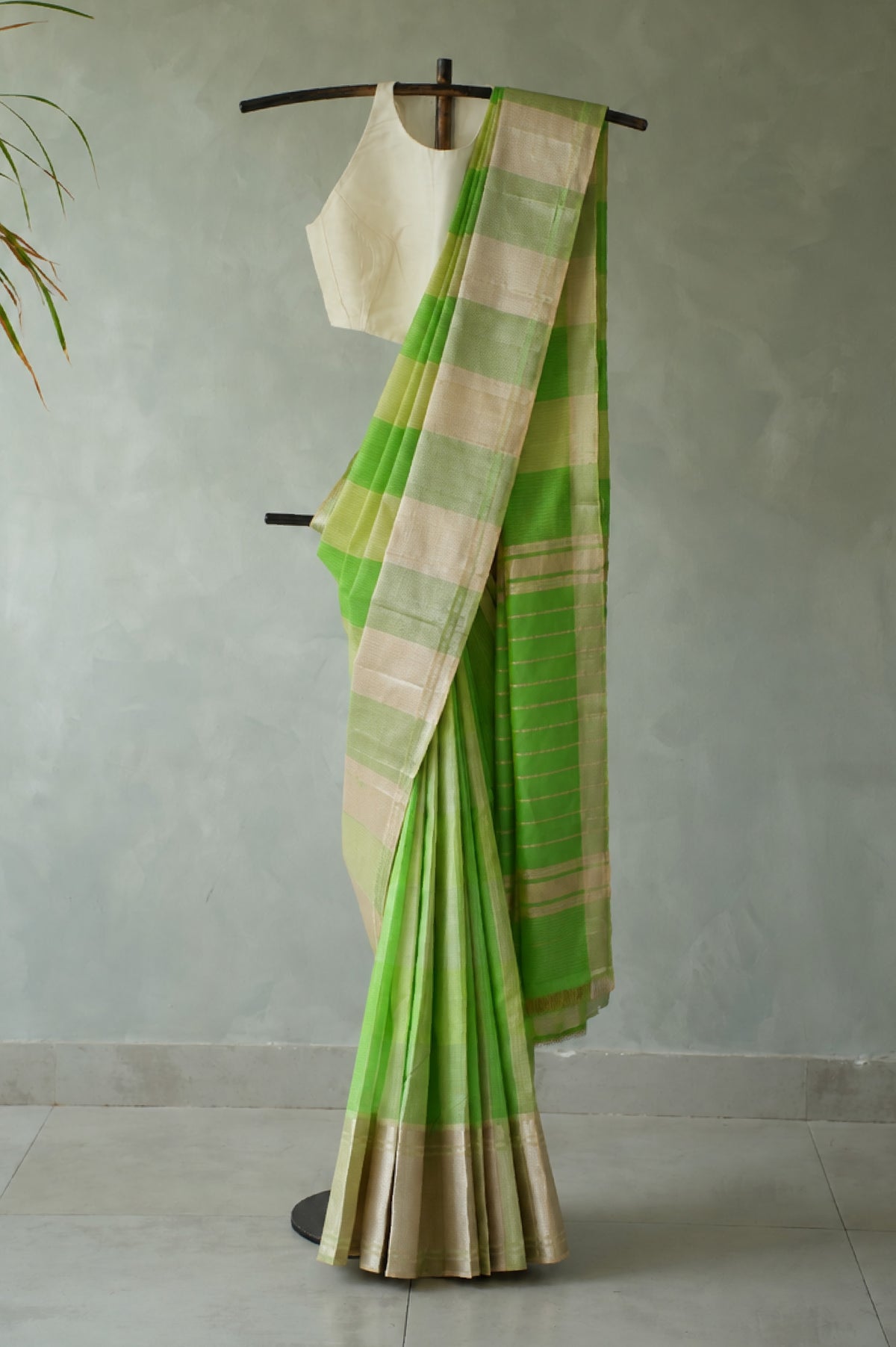 Parrot Green and Beige Mangalagiri Silk Cotton with Silver Zari Border Saree