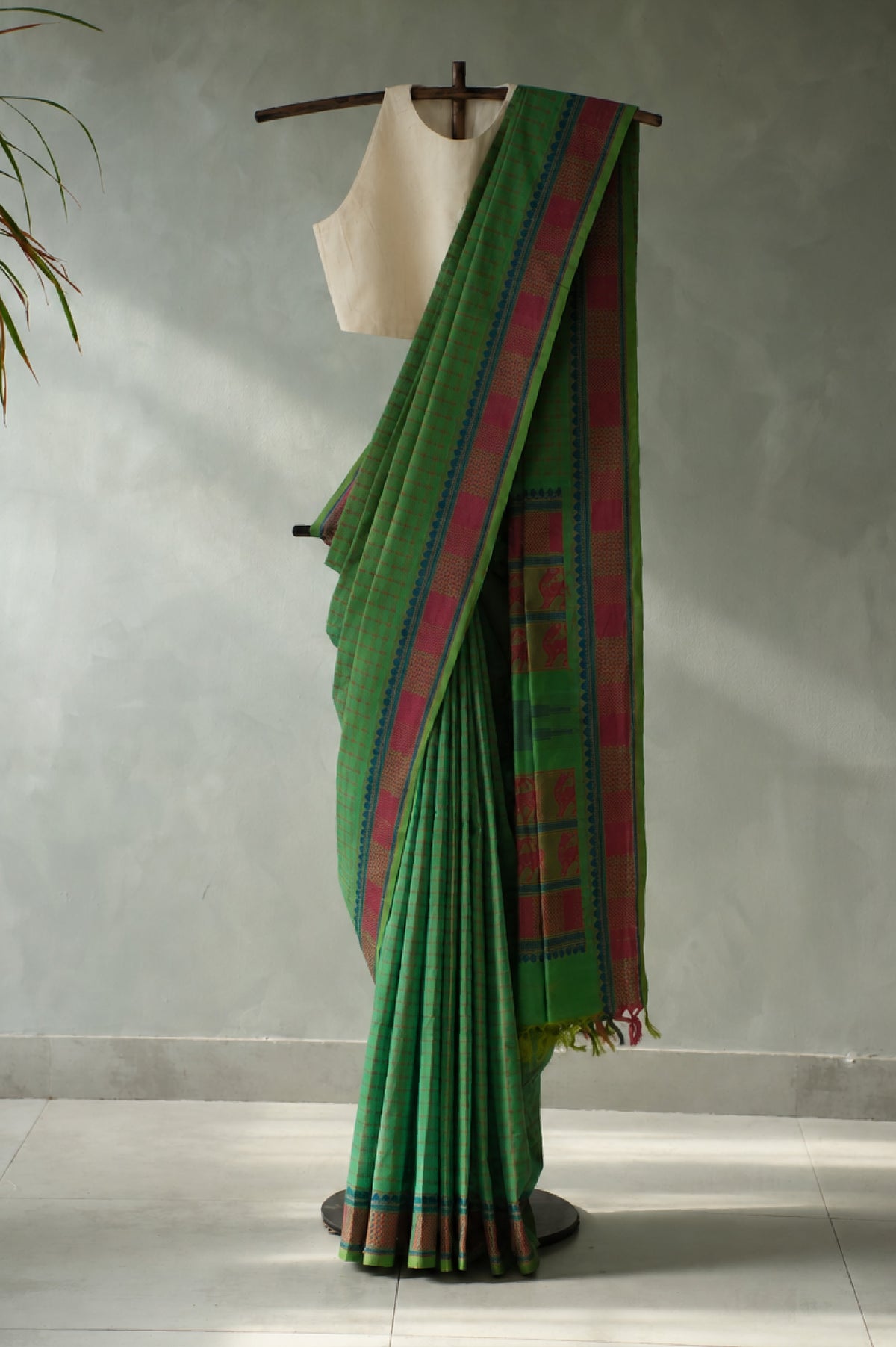 Deep Green Kanchi Cotton With Deep Pink And Blue Border Saree