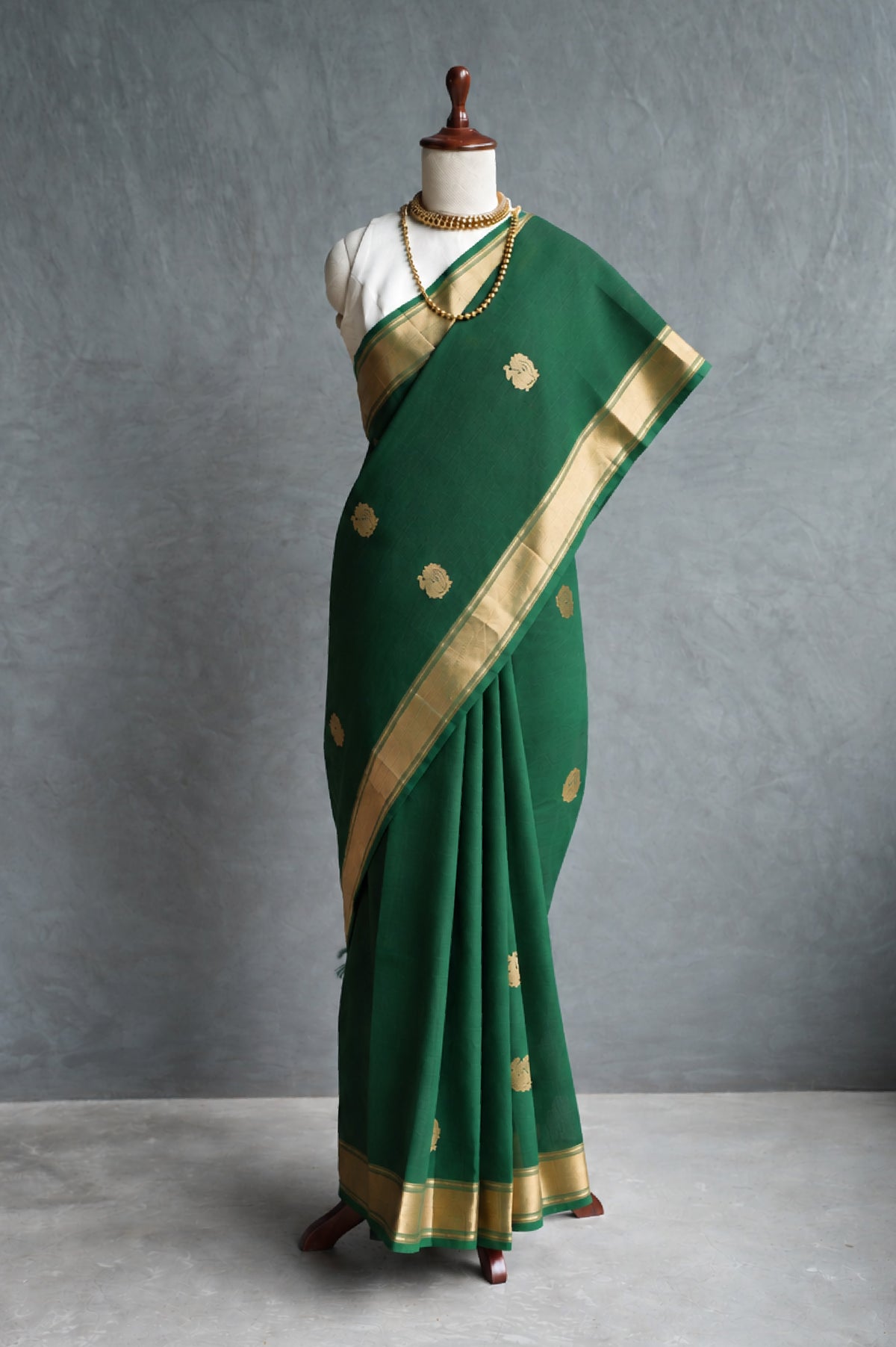 Bottle Green Kanchi Cotton With Gold Zari Border Saree