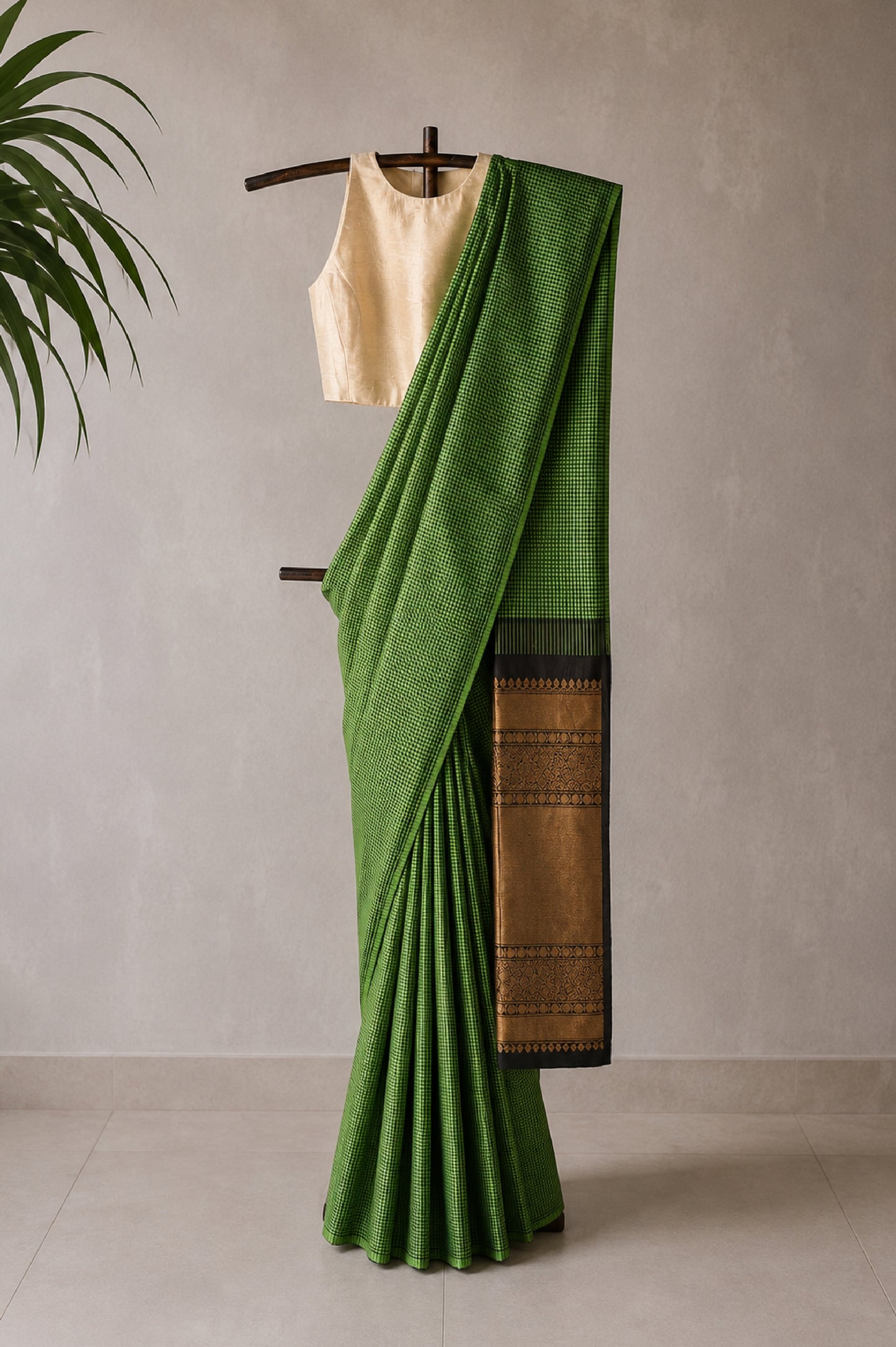 Deep Green & Parrot Green Micro-Check Handwoven Silk with Black Pallu