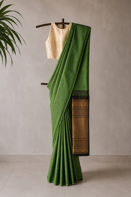 Deep Green & Parrot Green Micro-Check Handwoven Silk with Black Pallu