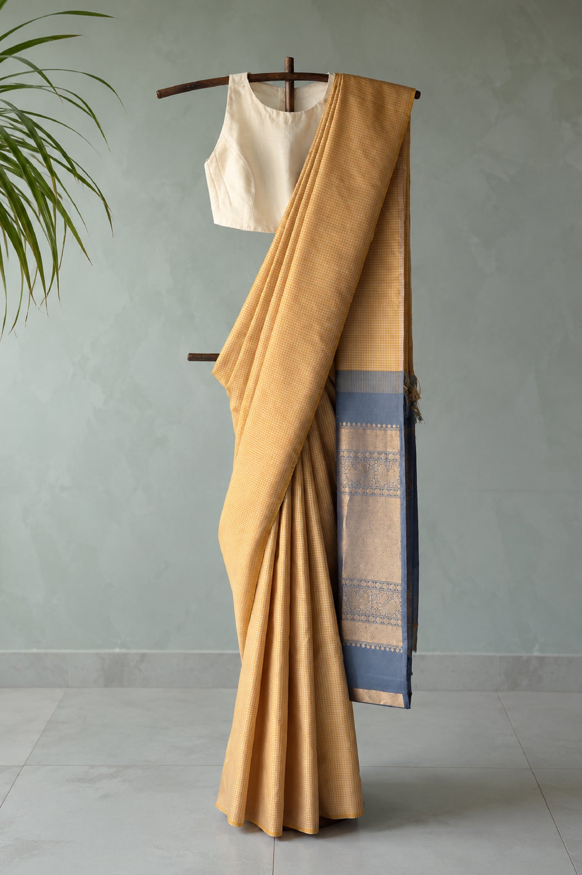 Mustard yellow and off white micro checks sari with grey pallu and blouse
