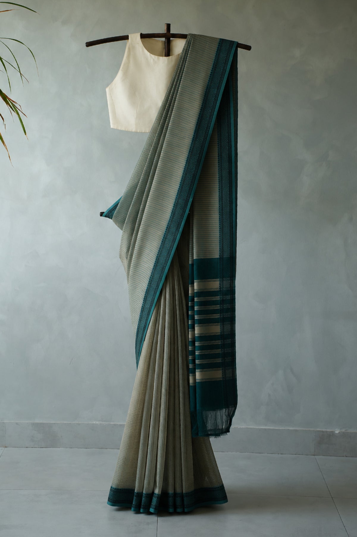 Light Grey Plain Mangalagiri Cotton with Teal Blue Border Saree