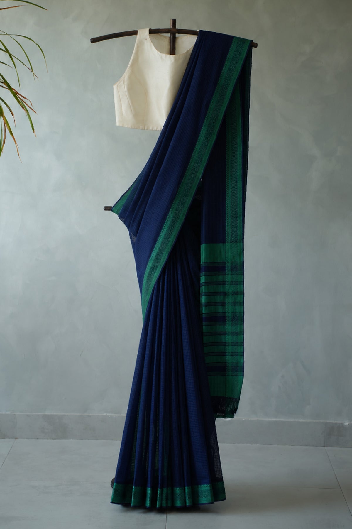 Navy Blue Plain Mangalagiri Cotton with Viridian Green Border Saree