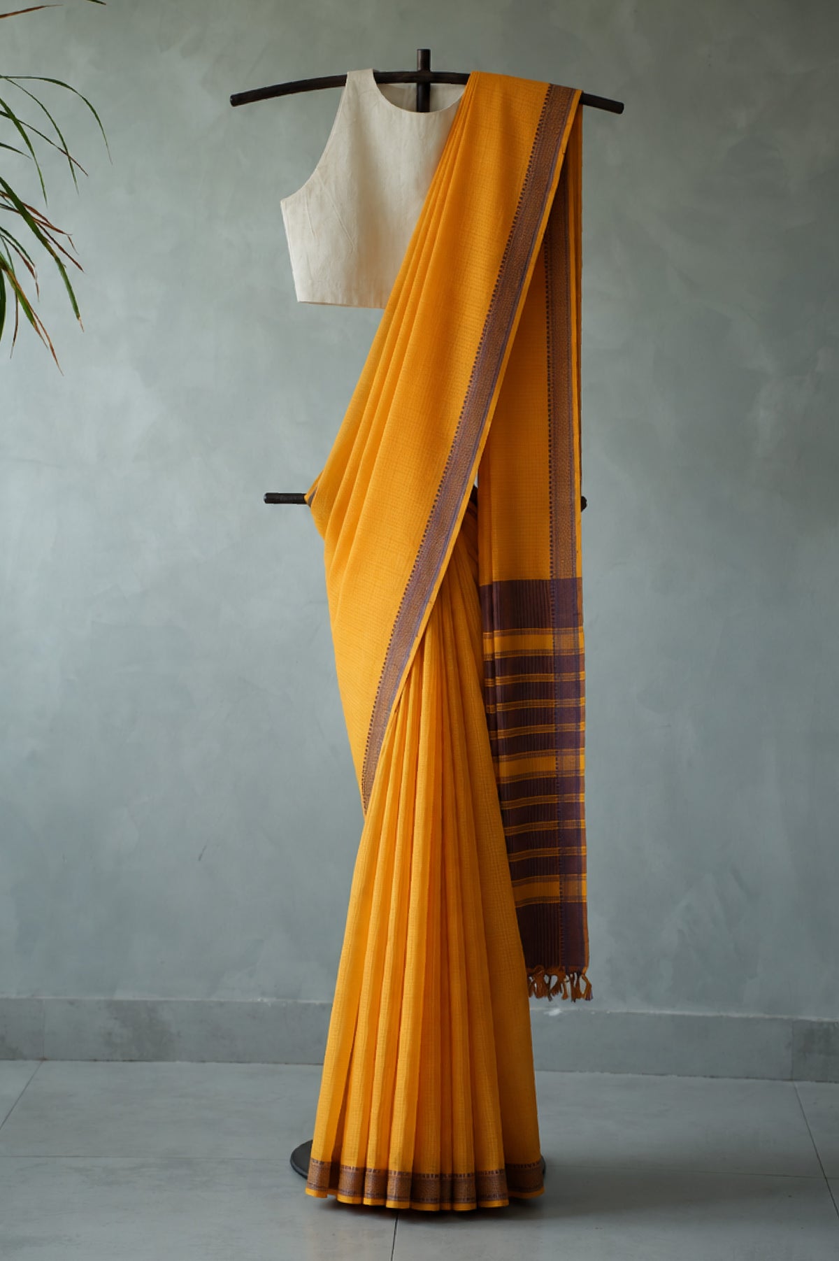 Marigold Yellow Plain Mangalagiri Cotton with Jamun Purple Border Saree