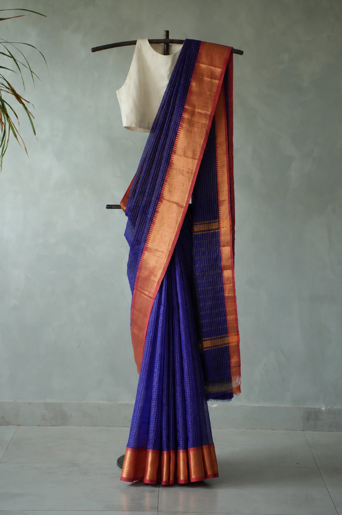 Royal Blue Mangalagiri Silk Cotton with Orange Zari Border Saree