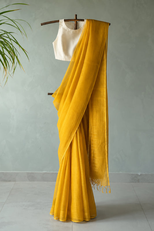 Mustard Yellow Leno Silk Organza Saree