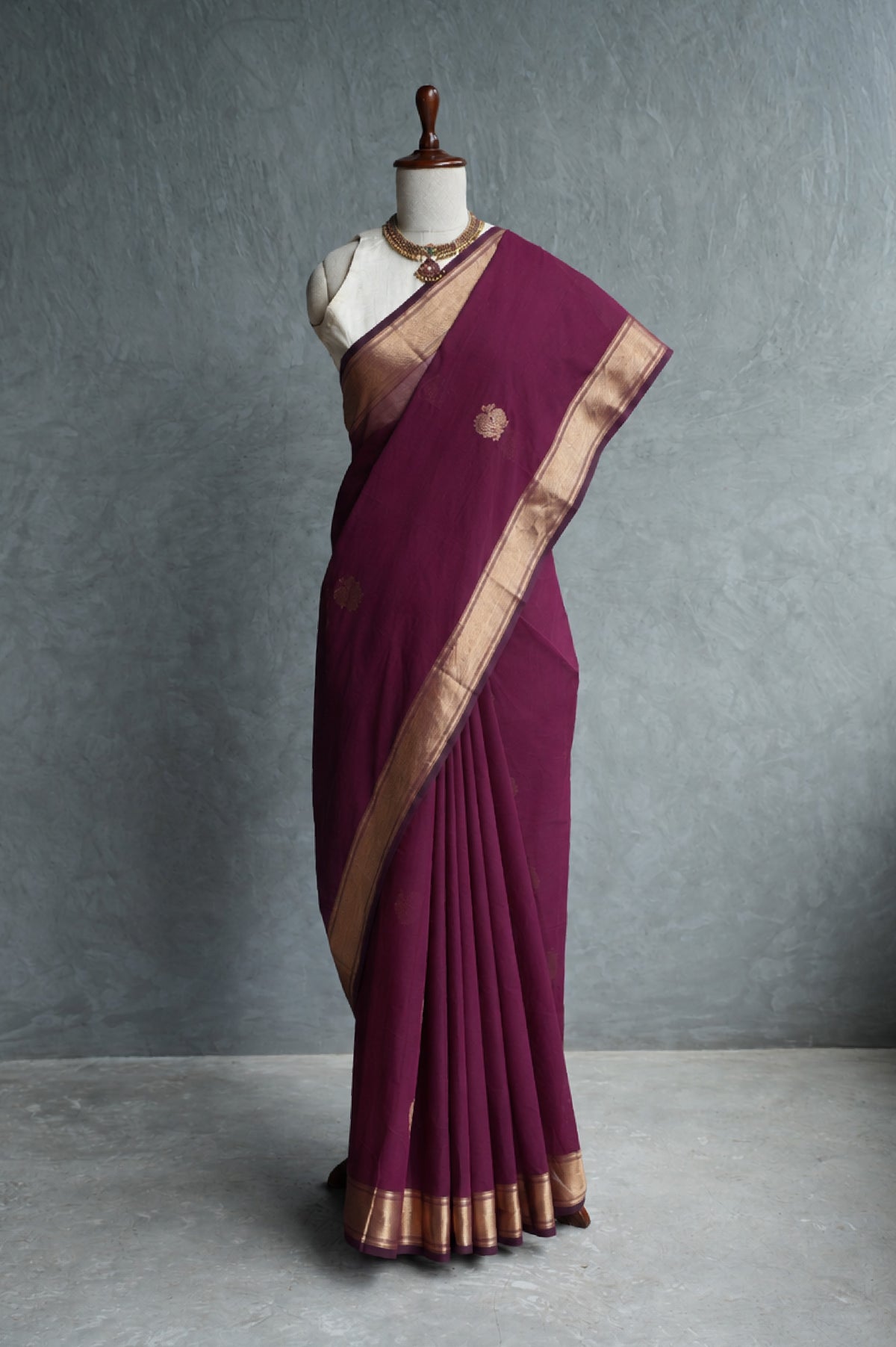 Maroon Kanchi Cotton With Gold Zari Border Saree