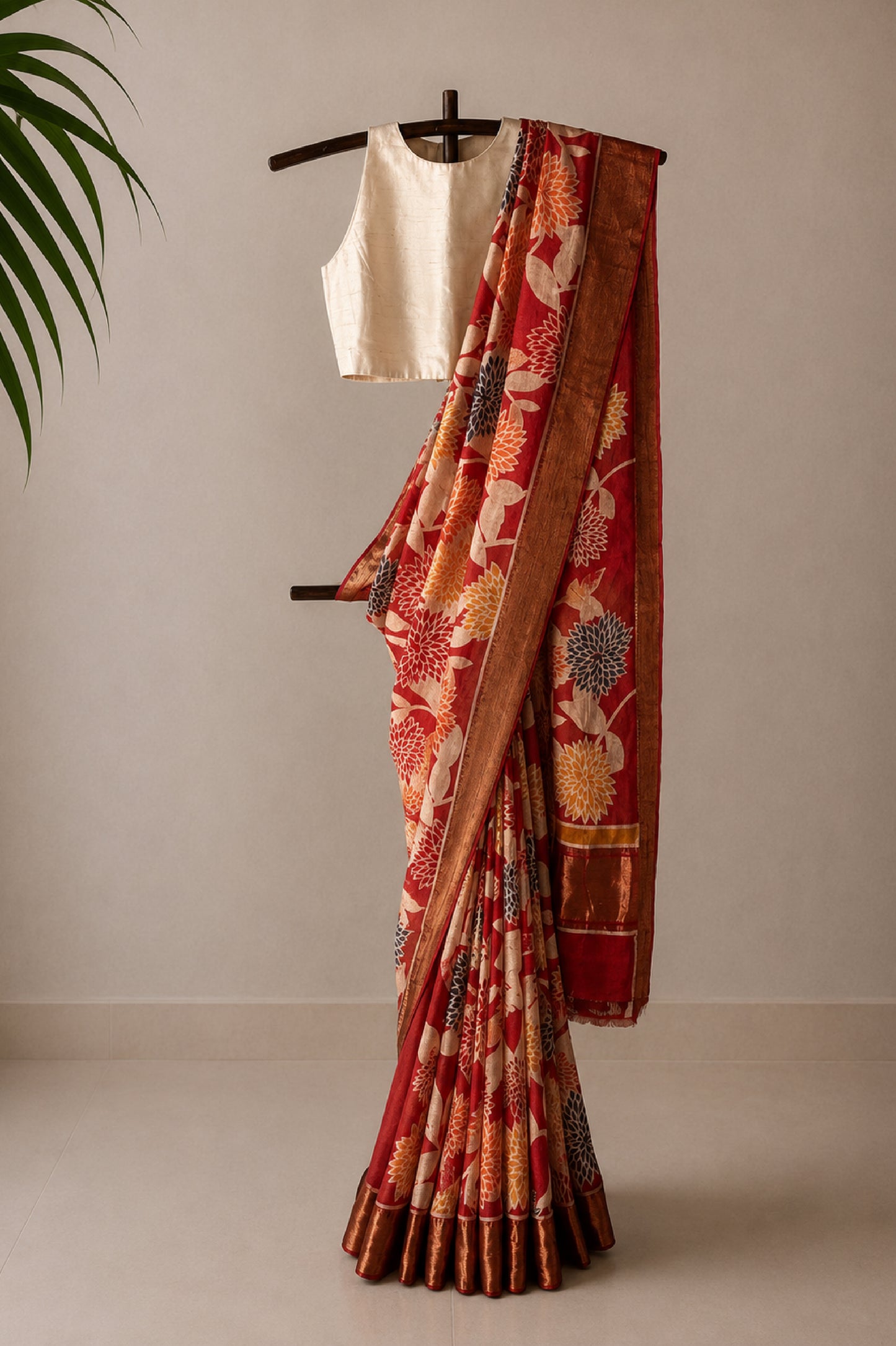Red Mangalagiri Silk Cotton Saree with Batik Art