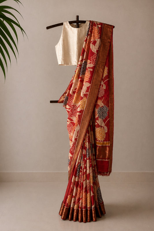 Red Mangalagiri Silk Cotton Saree with Batik Art