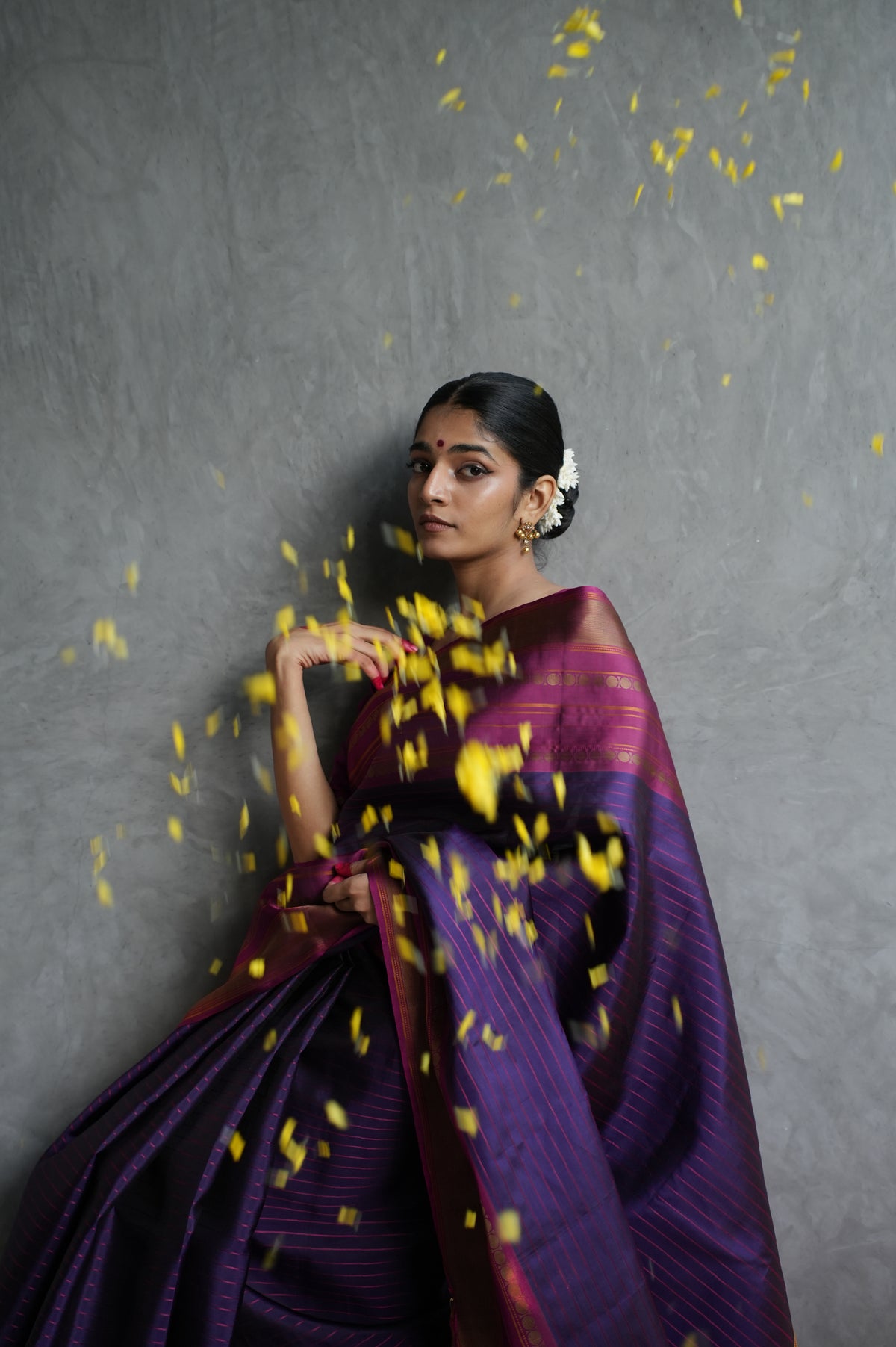 Deep Aubergine Purple Kanjivaram Silk Saree with Magenta Pink Stripes and Contrast Border