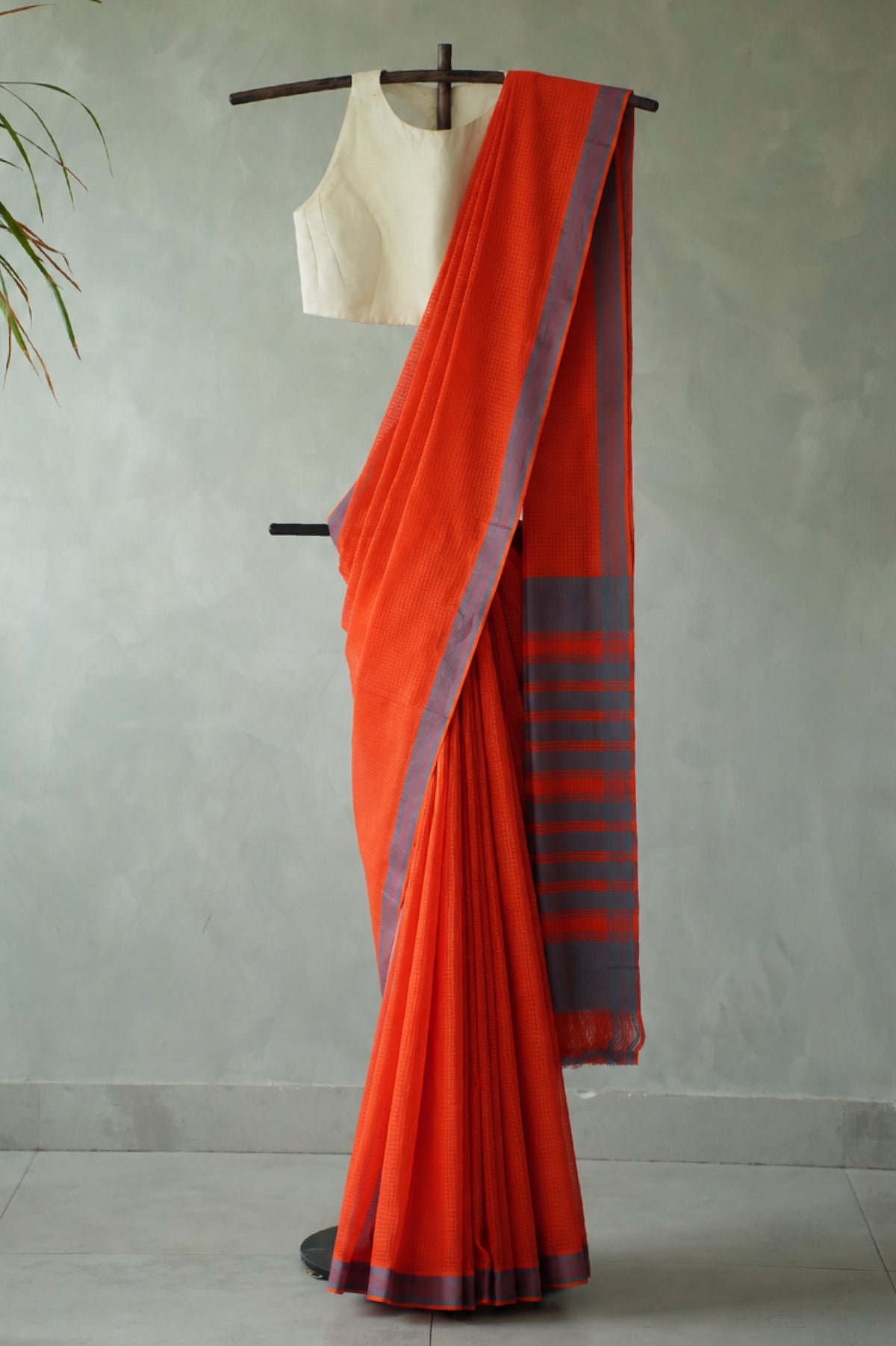 Neon Orange Plain Mangalagiri Cotton with Blue Grey Border Saree