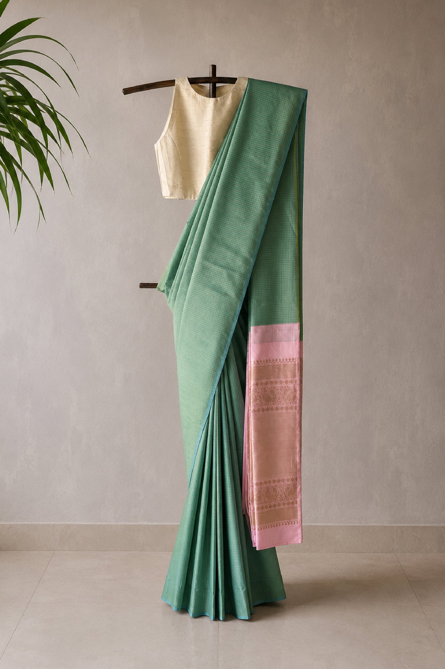 Sky Blue and Leaf Green Micro-check Handwoven Silk with Pink Pallu Saree