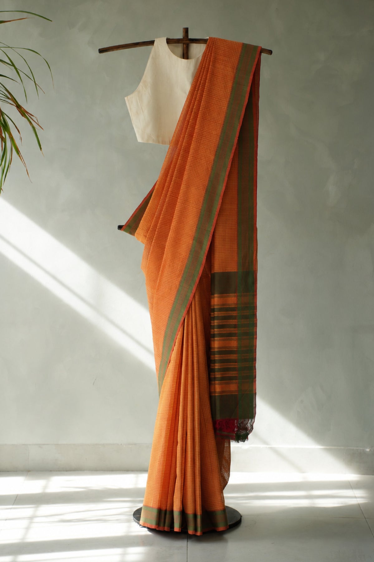 Fanta Orange Plain Mangalagiri Cotton with Green Border Saree