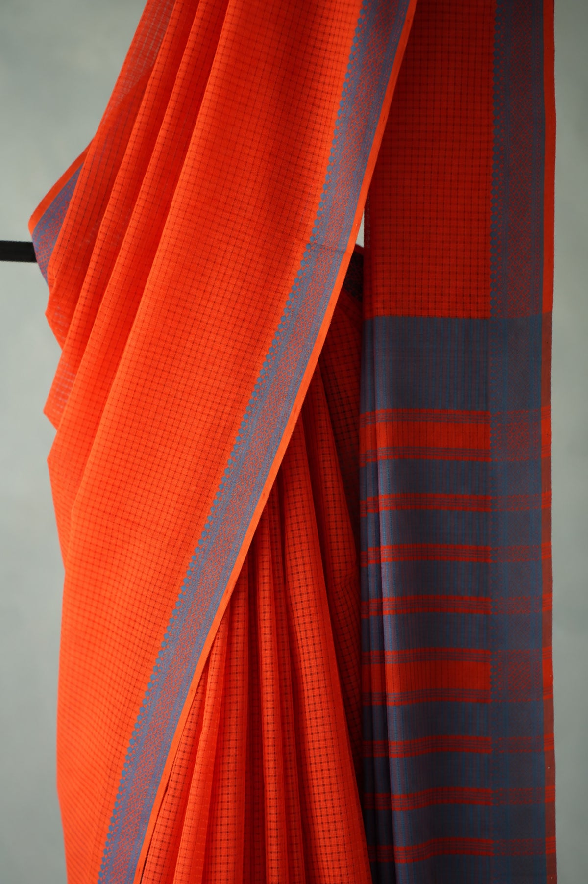 Neon Orange Plain Mangalagiri Cotton with Blue Grey Border Saree