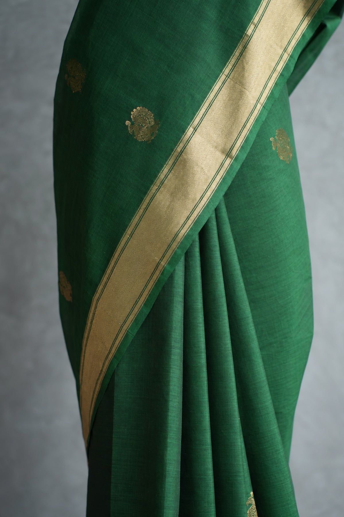 Bottle Green Kanchi Cotton With Gold Zari Border Saree