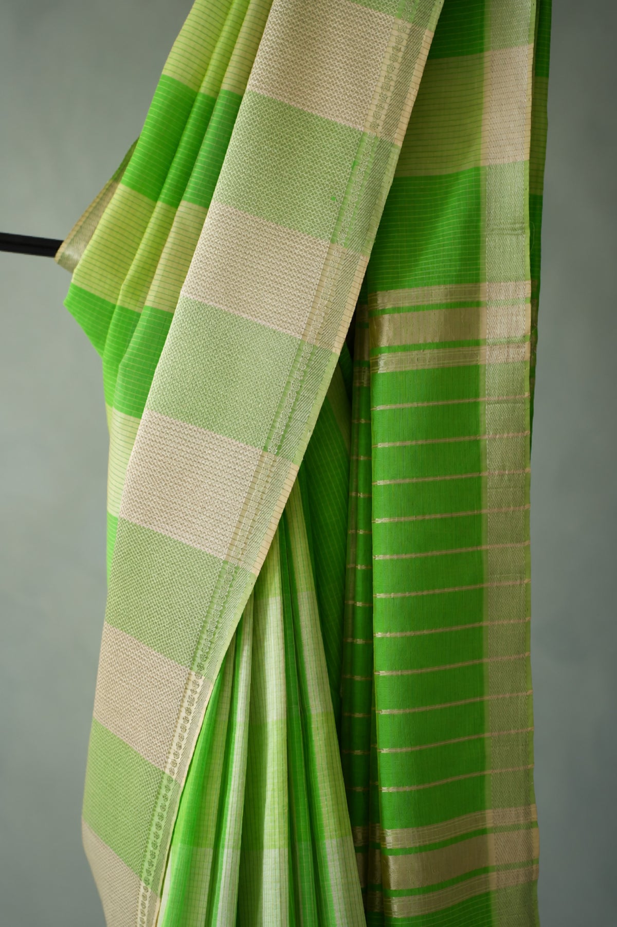 Parrot Green and Beige Mangalagiri Silk Cotton with Silver Zari Border Saree