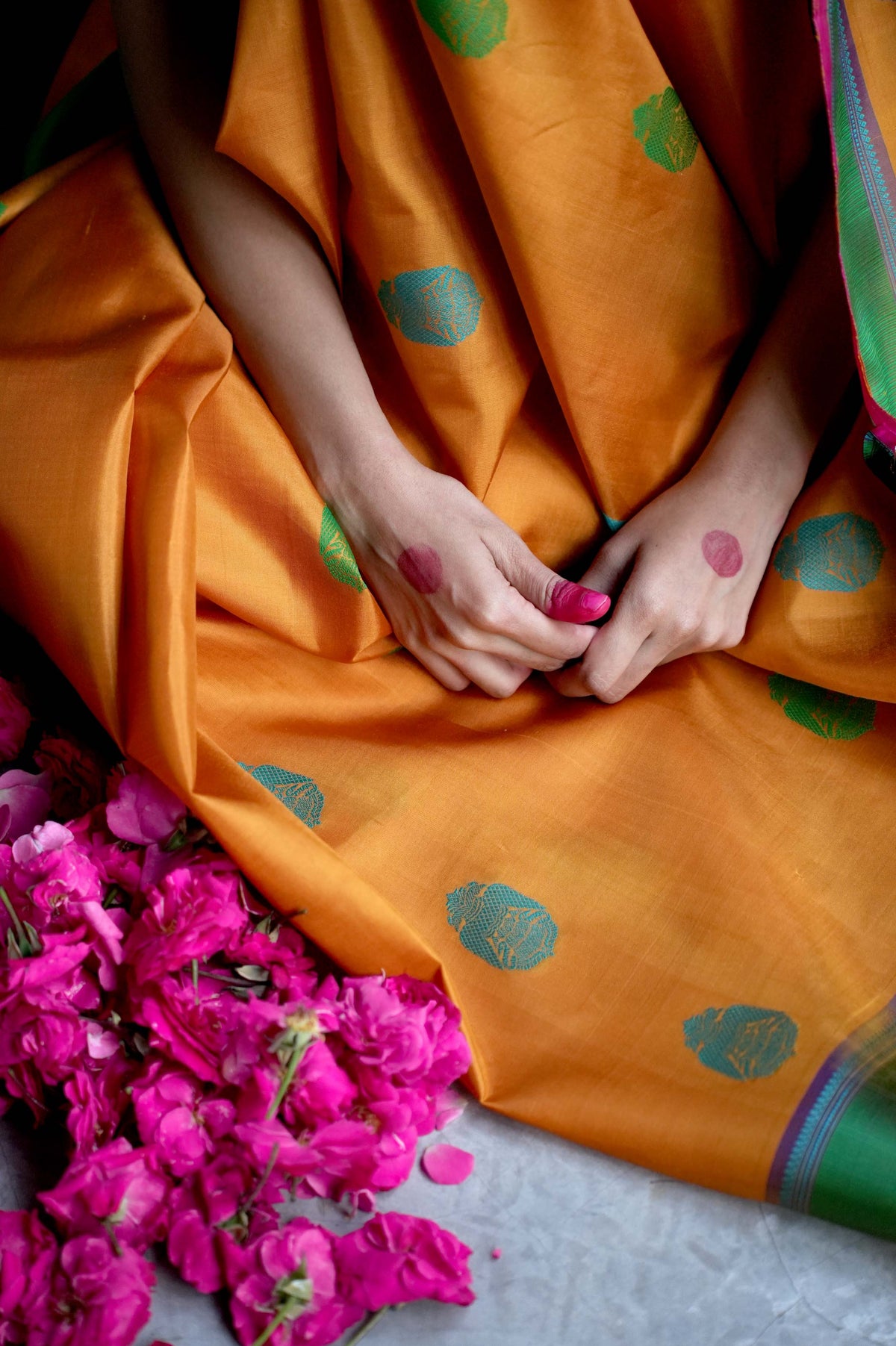 Marigold Orange Kanjivaram Silk Saree with Turquoise and Green Buttas and Contrast Green Border