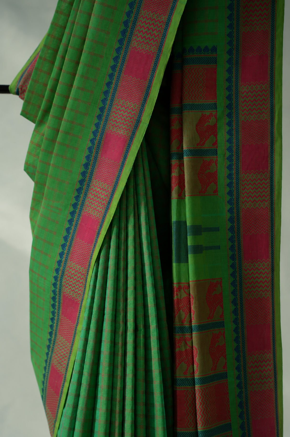 Deep Green Kanchi Cotton With Deep Pink And Blue Border Saree