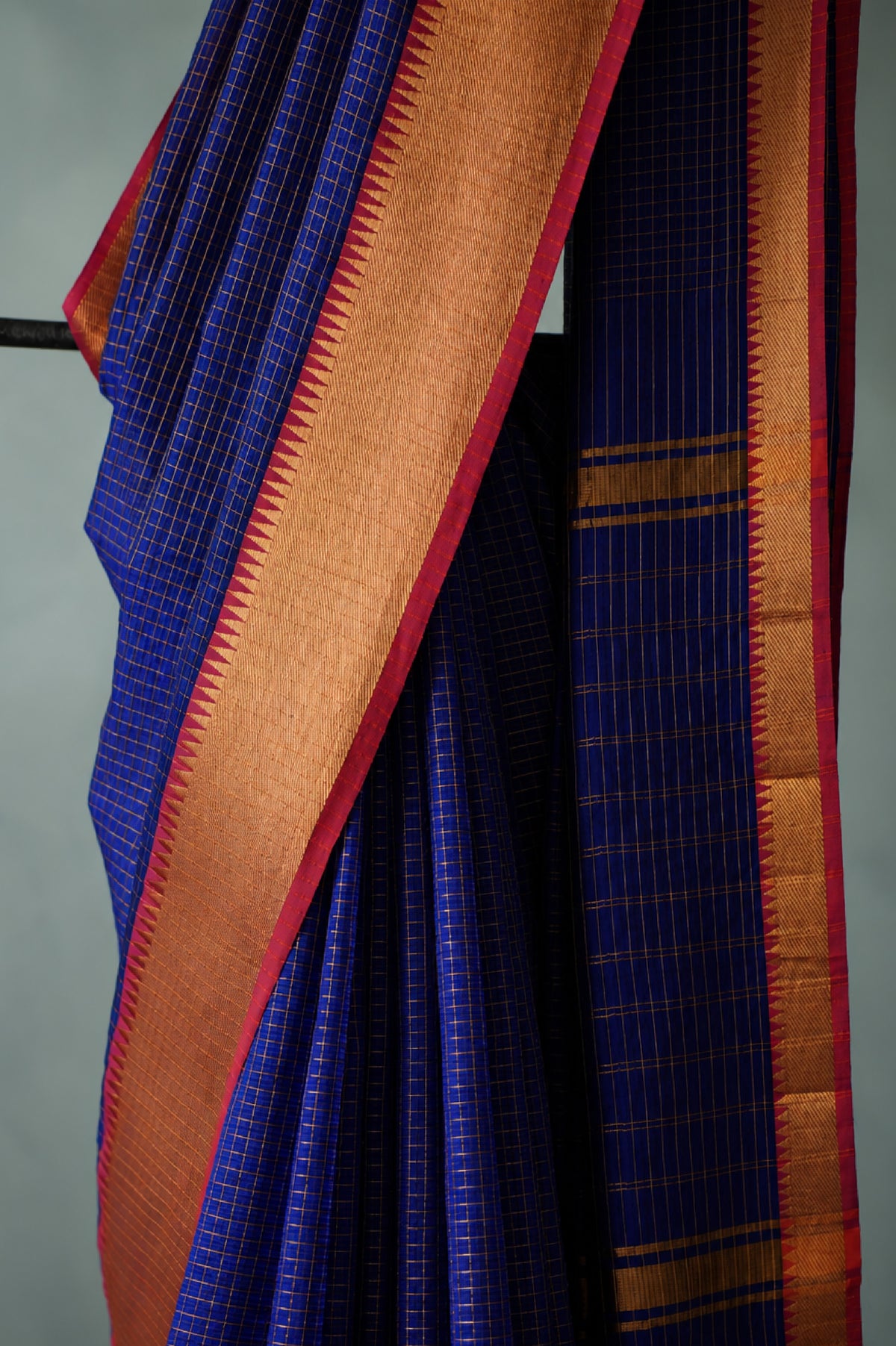 Royal Blue Mangalagiri Silk Cotton with Orange Zari Border Saree