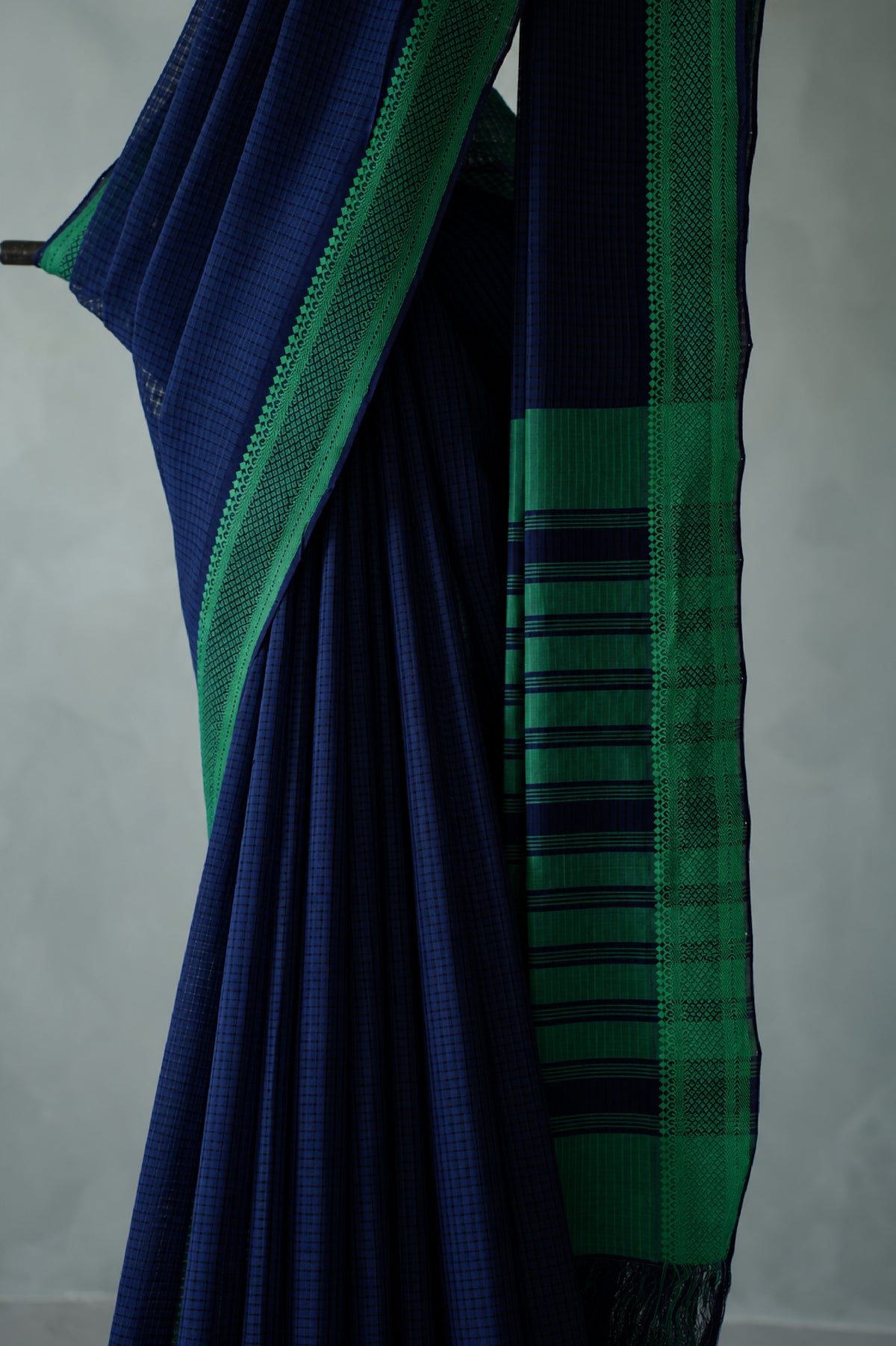 Navy Blue Plain Mangalagiri Cotton with Viridian Green Border Saree