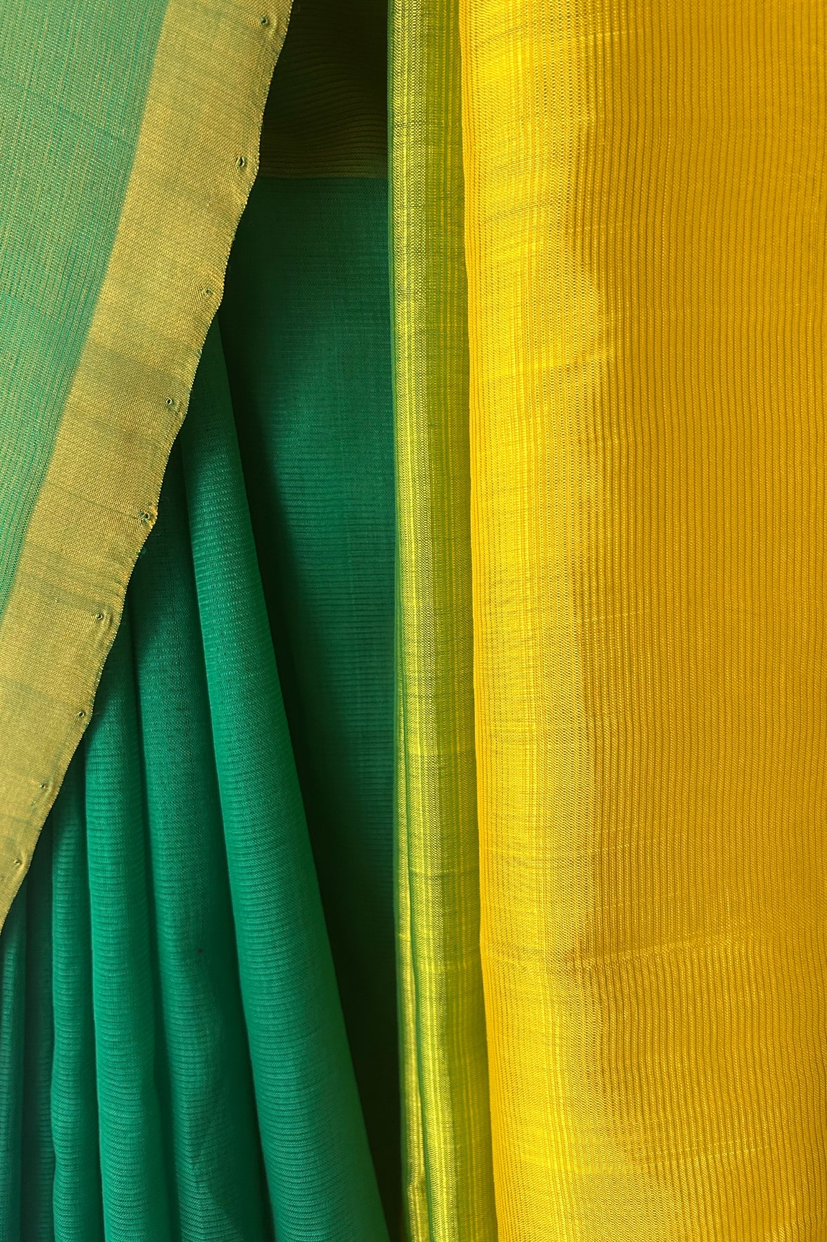 Emerald, Leaf Green & Sunshine Yellow with Contrast Pallu Mangalagiri Silk Cotton Saree