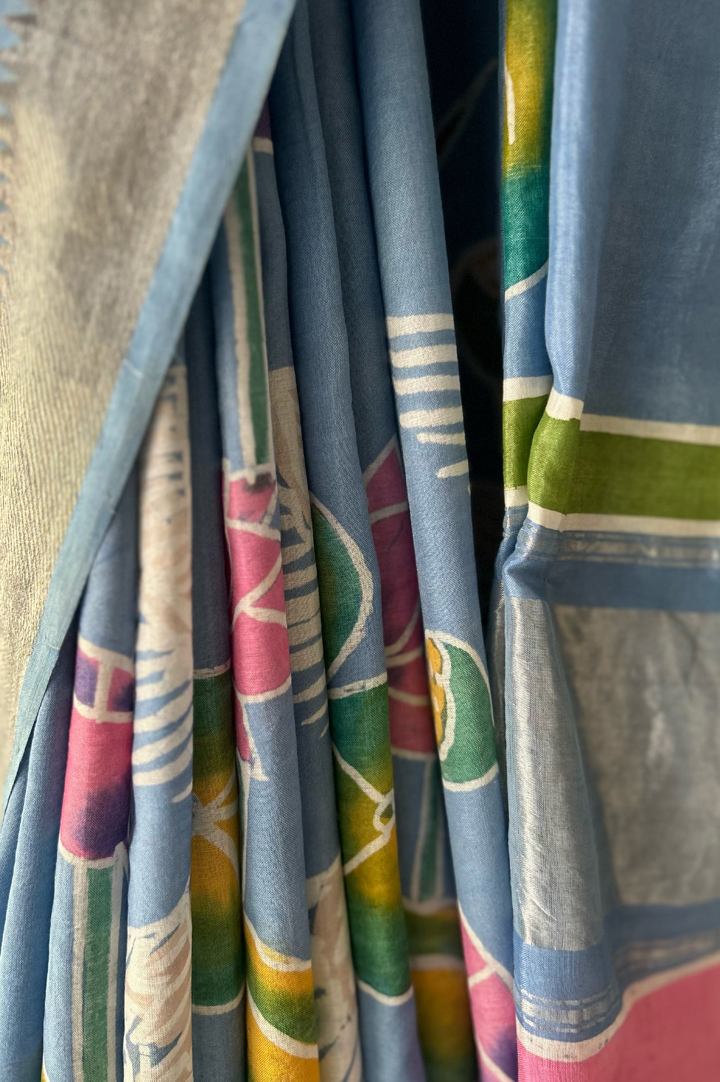 Powder Blue Mangalagiri Silk Cotton Saree with Batik Art