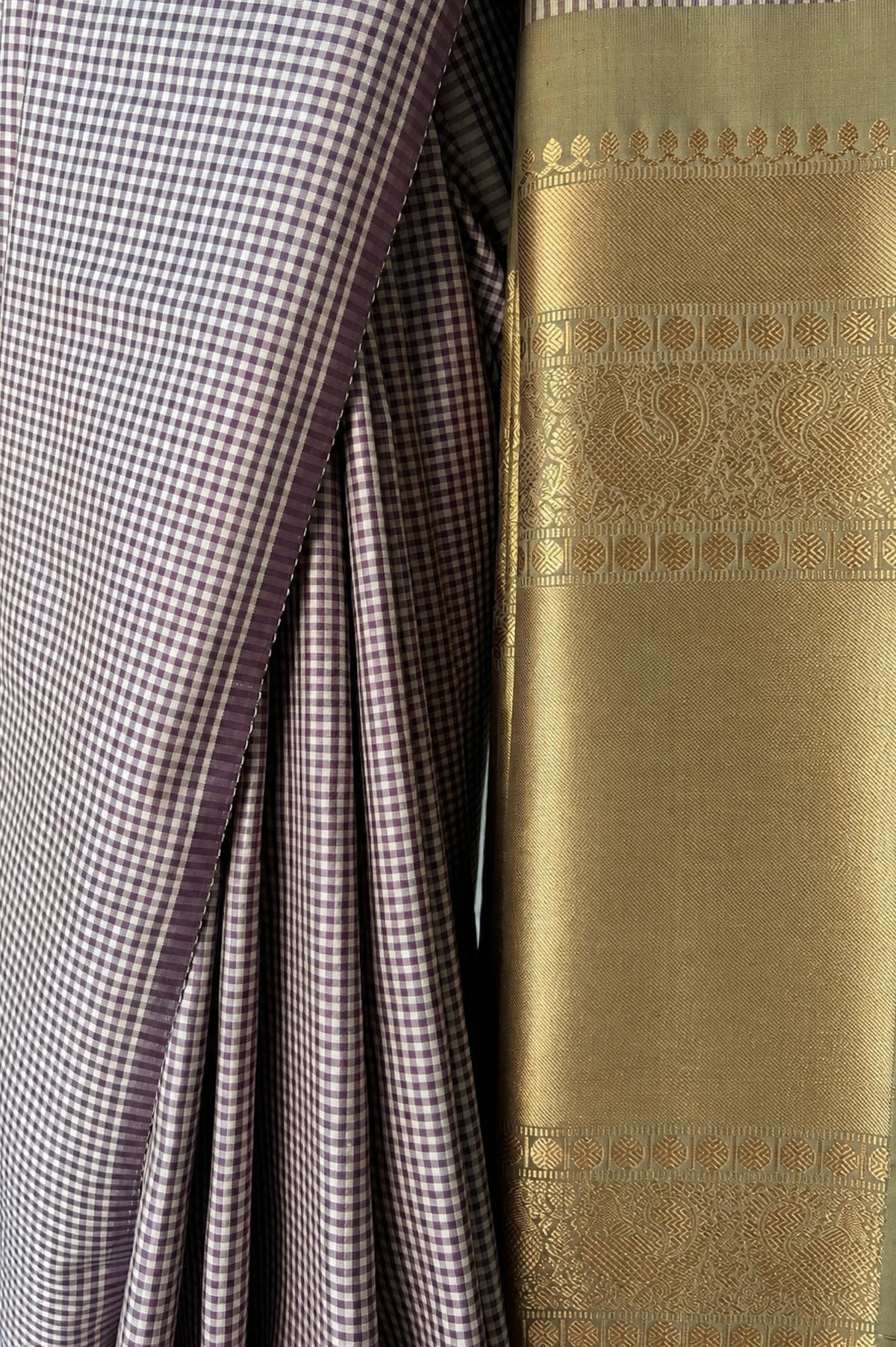 Mauve and Ivory Micro Checks Silk with Olive Green and Gold Pallu Saree