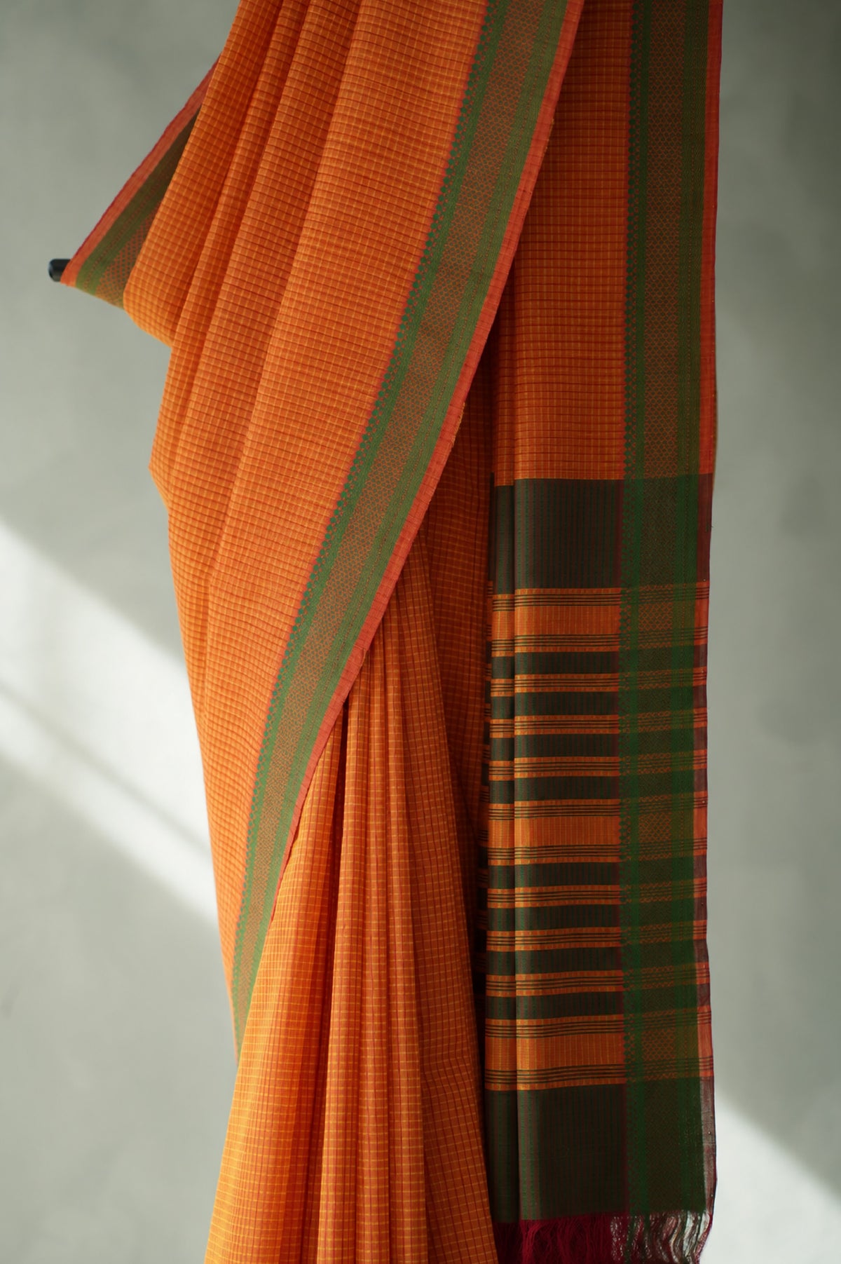 Fanta Orange Plain Mangalagiri Cotton with Green Border Saree
